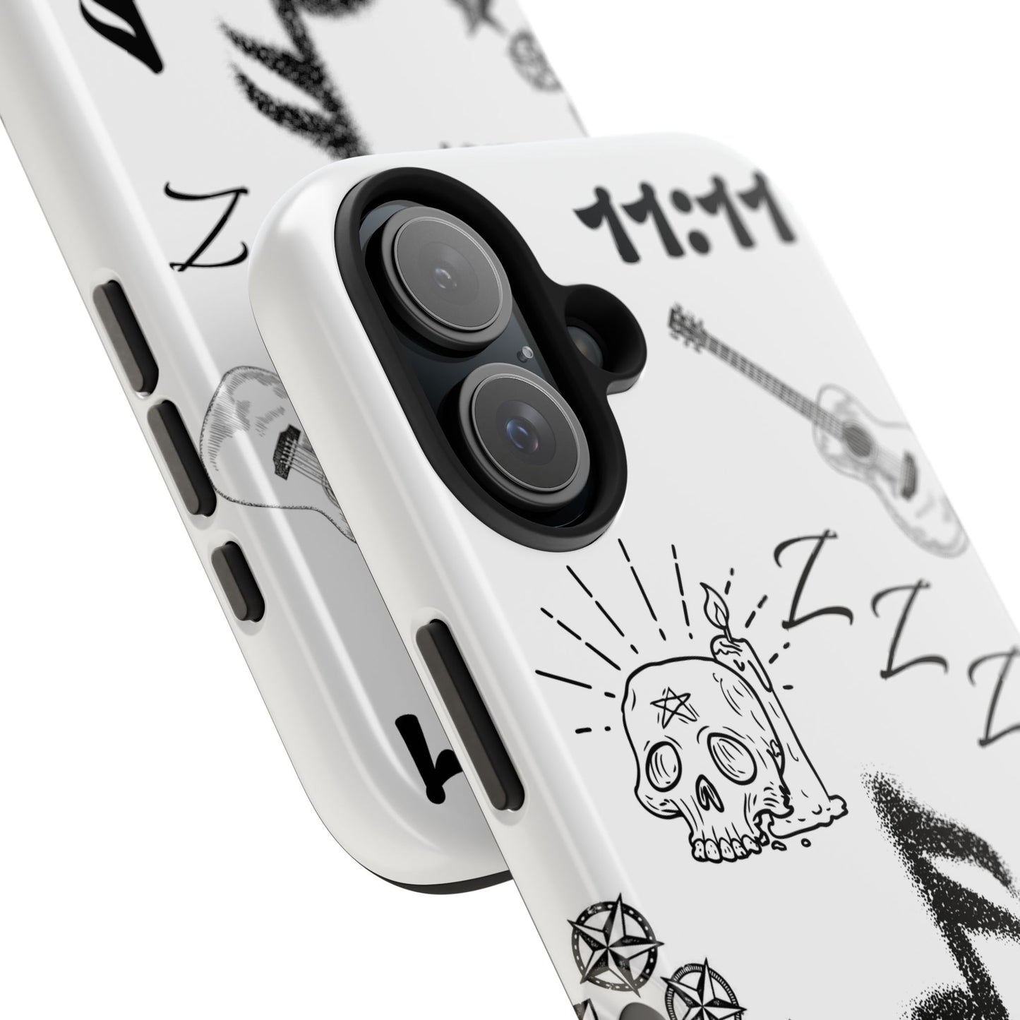 Tough Phone Case — Monochrome Music & Tattoo Doodle Design, 11:11. (No Magsafe)