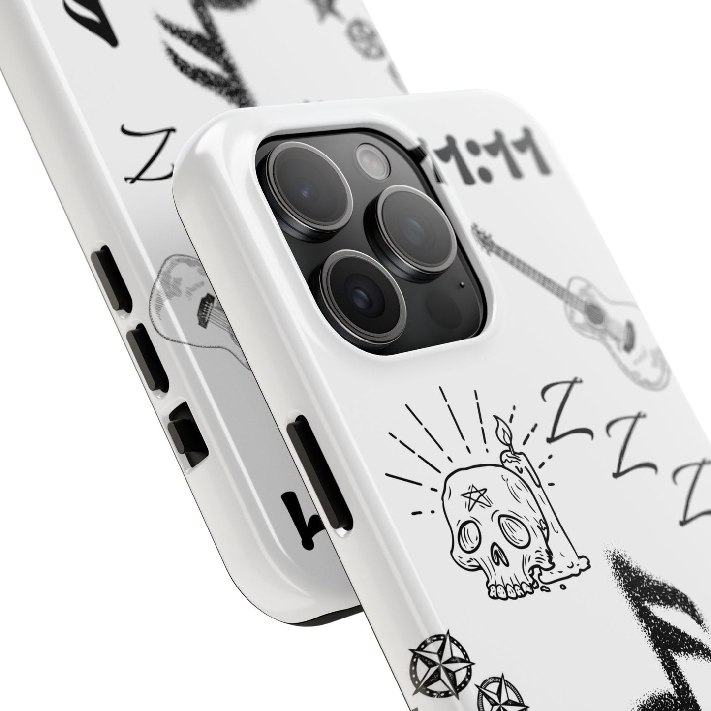 Tough Phone Case — Monochrome Music & Tattoo Doodle Design, 11:11. (No Magsafe)