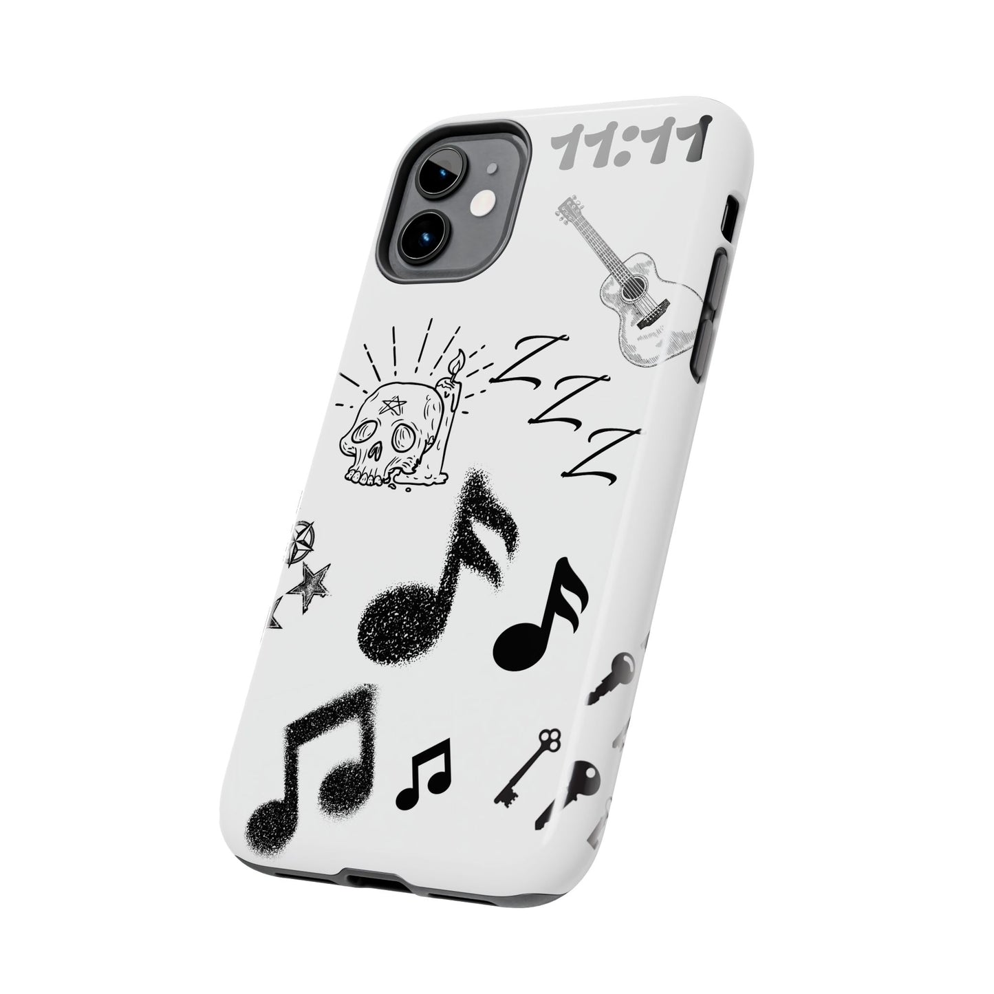 Tough Phone Case — Monochrome Music & Tattoo Doodle Design, 11:11. (No Magsafe)