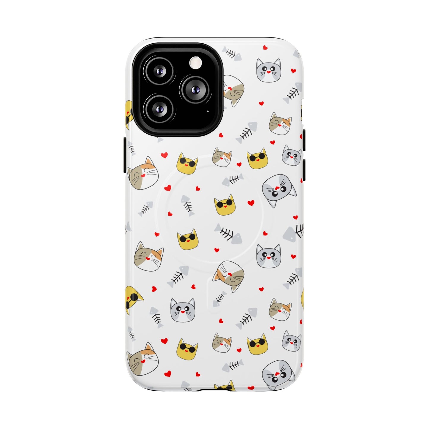 Cute Cat Pattern Tough Magnetic Phone Case — Protective iPhone Cover with Kittens & Hearts