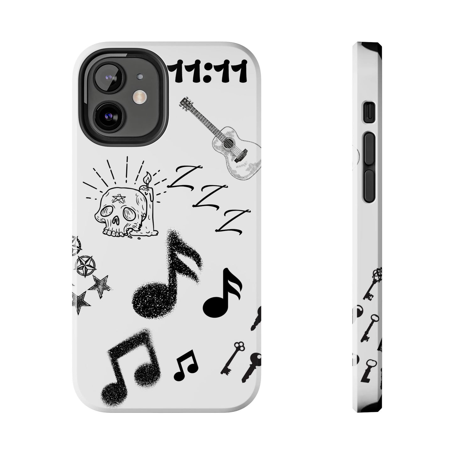 Tough Phone Case — Monochrome Music & Tattoo Doodle Design, 11:11. (No Magsafe)