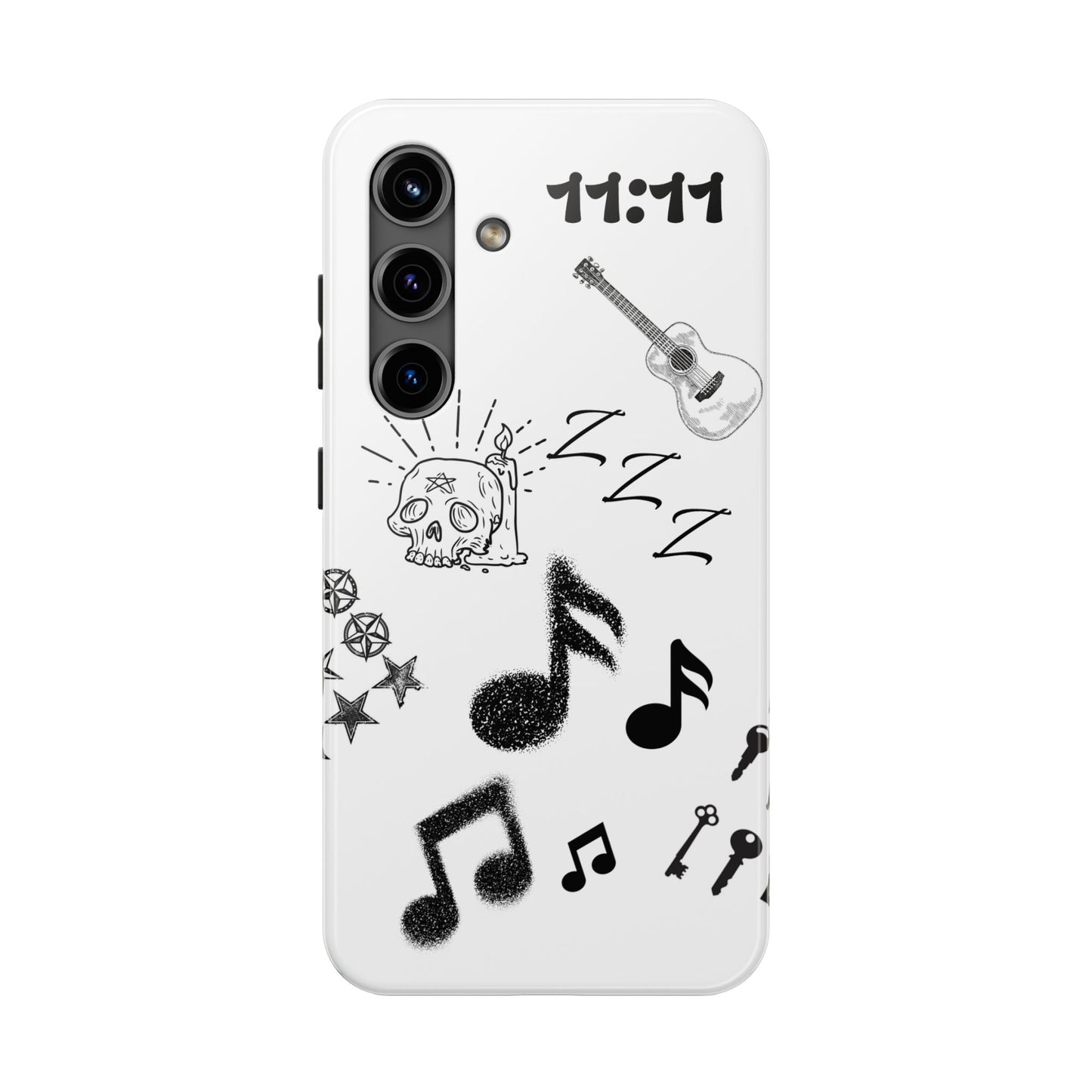 Tough Phone Case — Monochrome Music & Tattoo Doodle Design, 11:11. (No Magsafe)