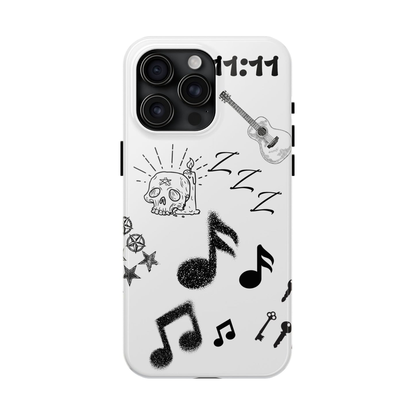 Tough Phone Case — Monochrome Music & Tattoo Doodle Design, 11:11. (No Magsafe)