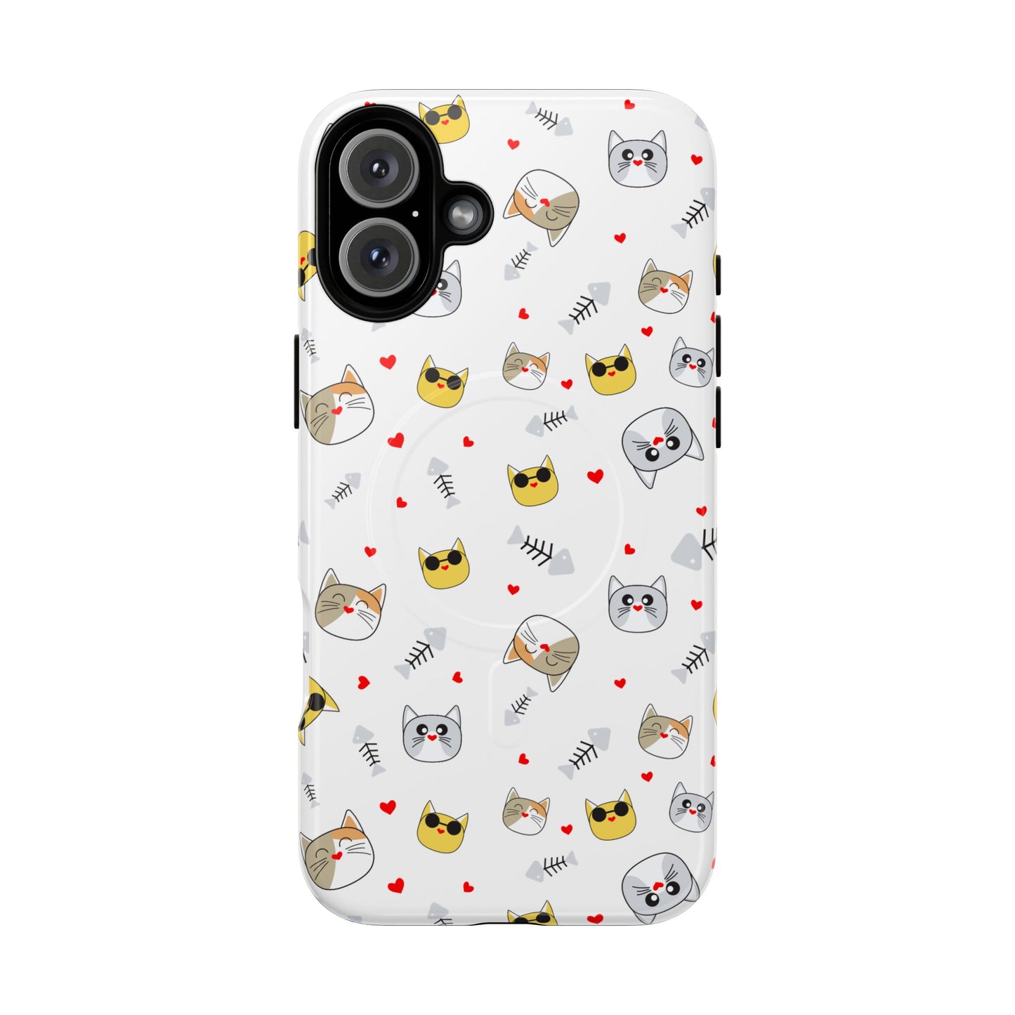 Cute Cat Pattern Tough Magnetic Phone Case — Protective iPhone Cover with Kittens & Hearts