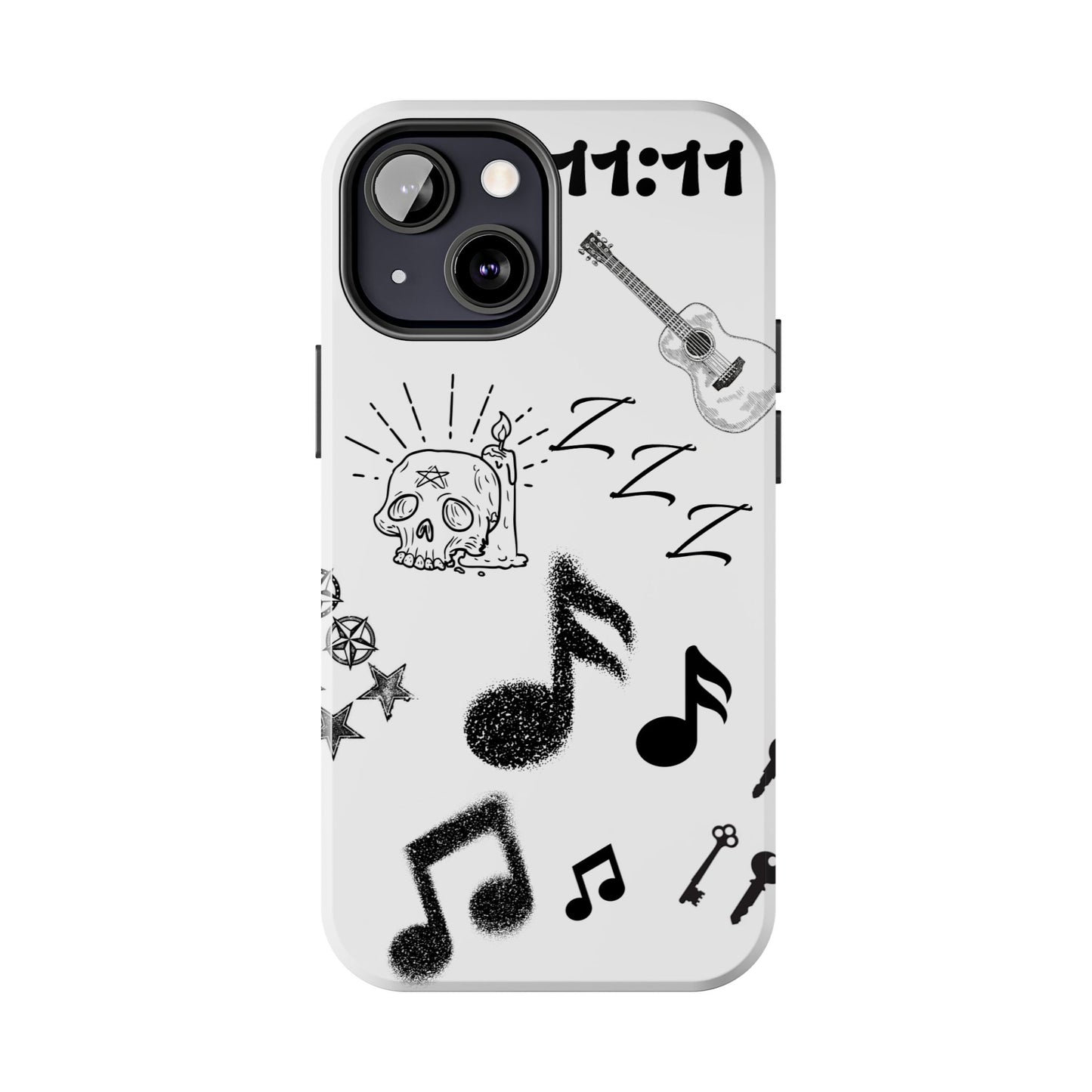 Tough Phone Case — Monochrome Music & Tattoo Doodle Design, 11:11. (No Magsafe)