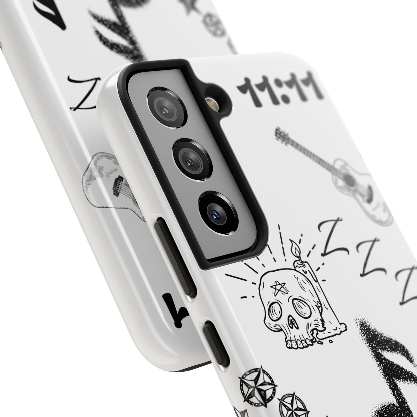 Tough Phone Case — Monochrome Music & Tattoo Doodle Design, 11:11. (No Magsafe)