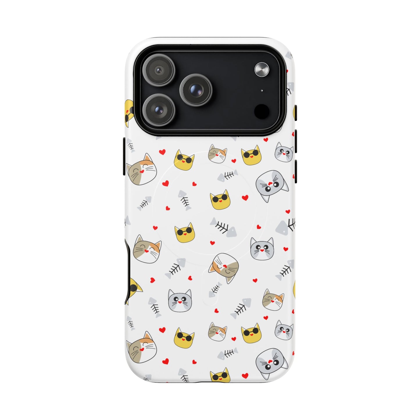 Cute Cat Pattern Tough Magnetic Phone Case — Protective iPhone Cover with Kittens & Hearts