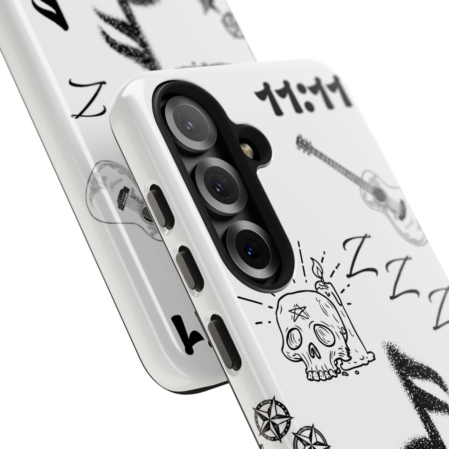 Tough Phone Case — Monochrome Music & Tattoo Doodle Design, 11:11. (No Magsafe)