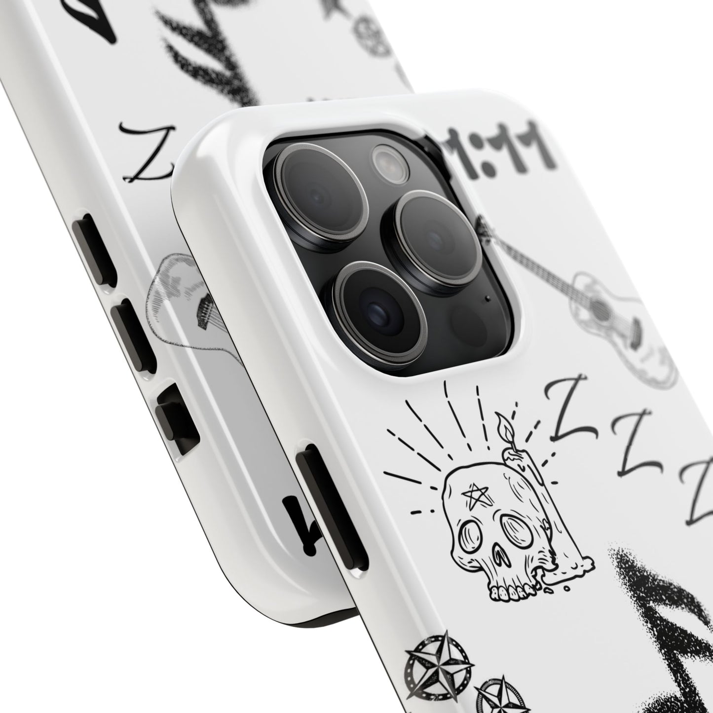 Tough Phone Case — Monochrome Music & Tattoo Doodle Design, 11:11. (No Magsafe)