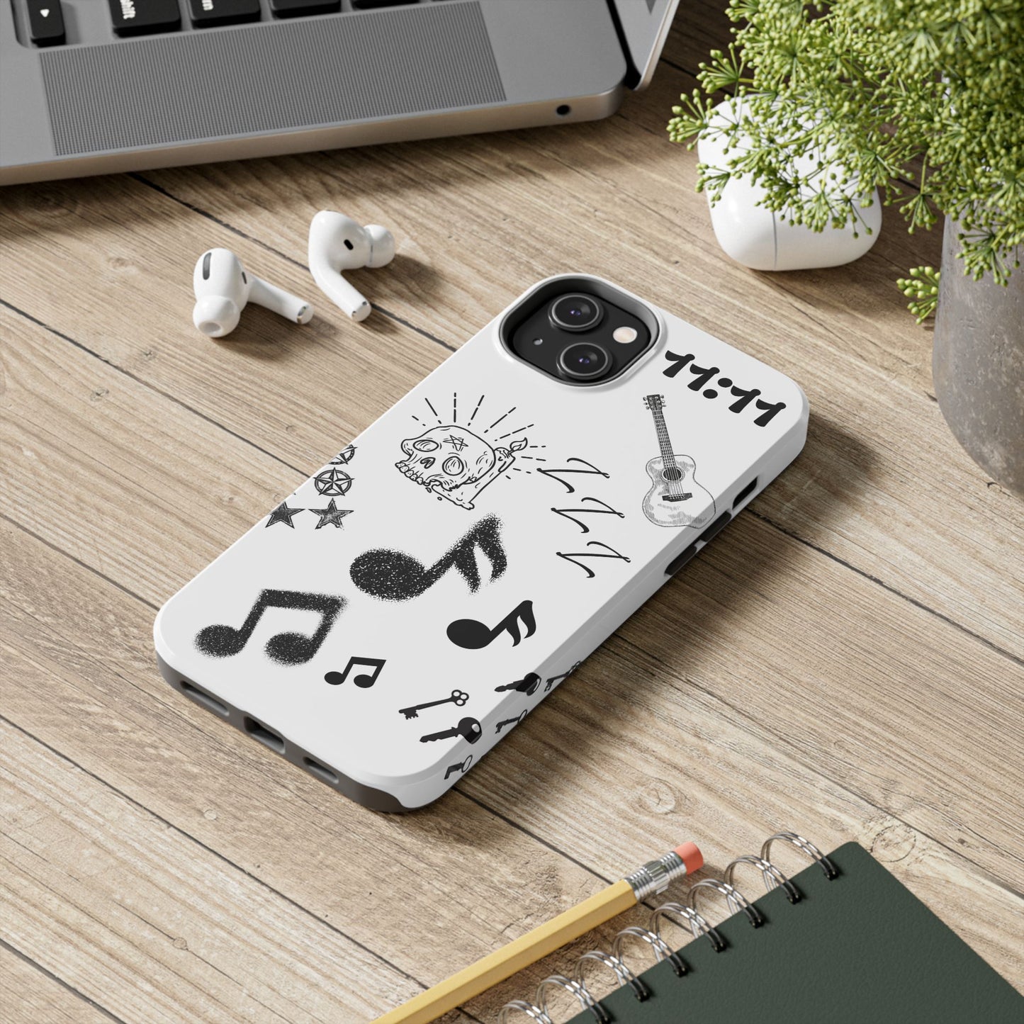 Tough Phone Case — Monochrome Music & Tattoo Doodle Design, 11:11. (No Magsafe)