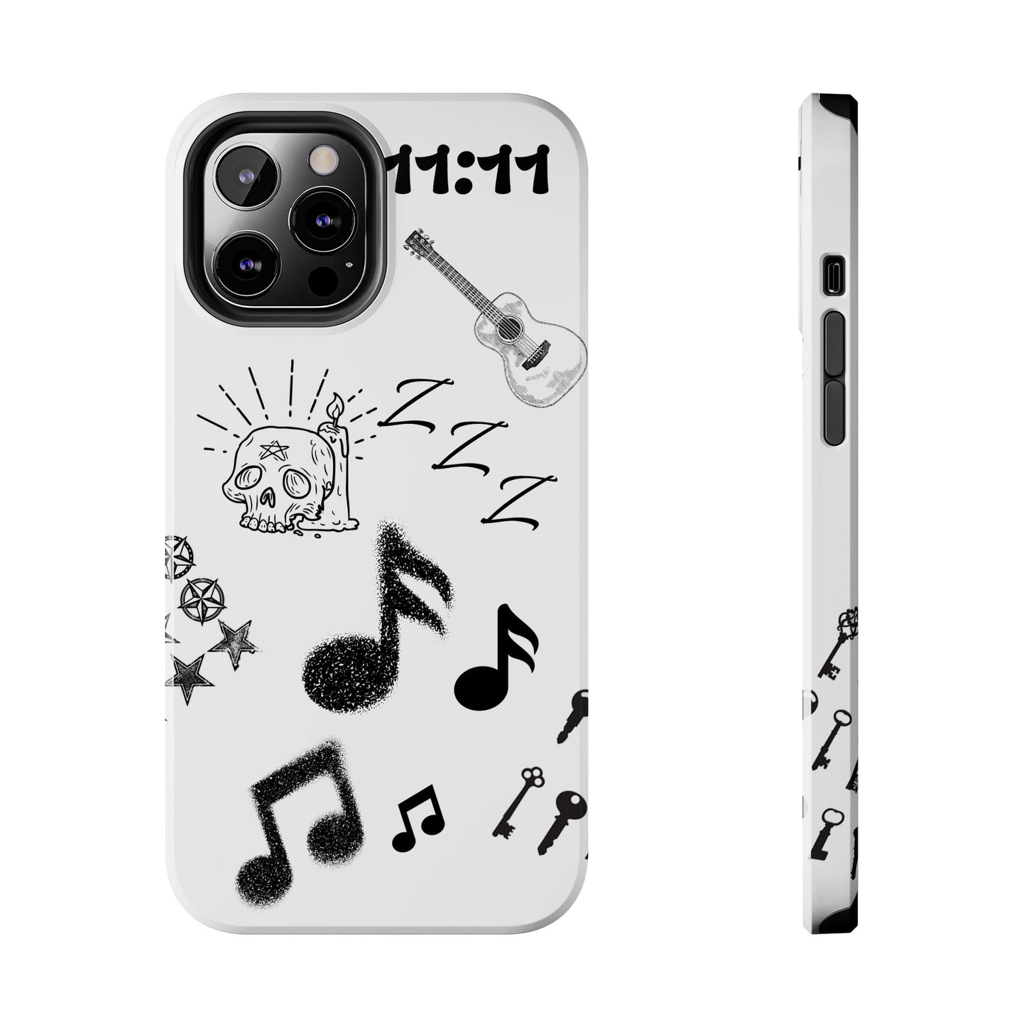 Tough Phone Case — Monochrome Music & Tattoo Doodle Design, 11:11. (No Magsafe)