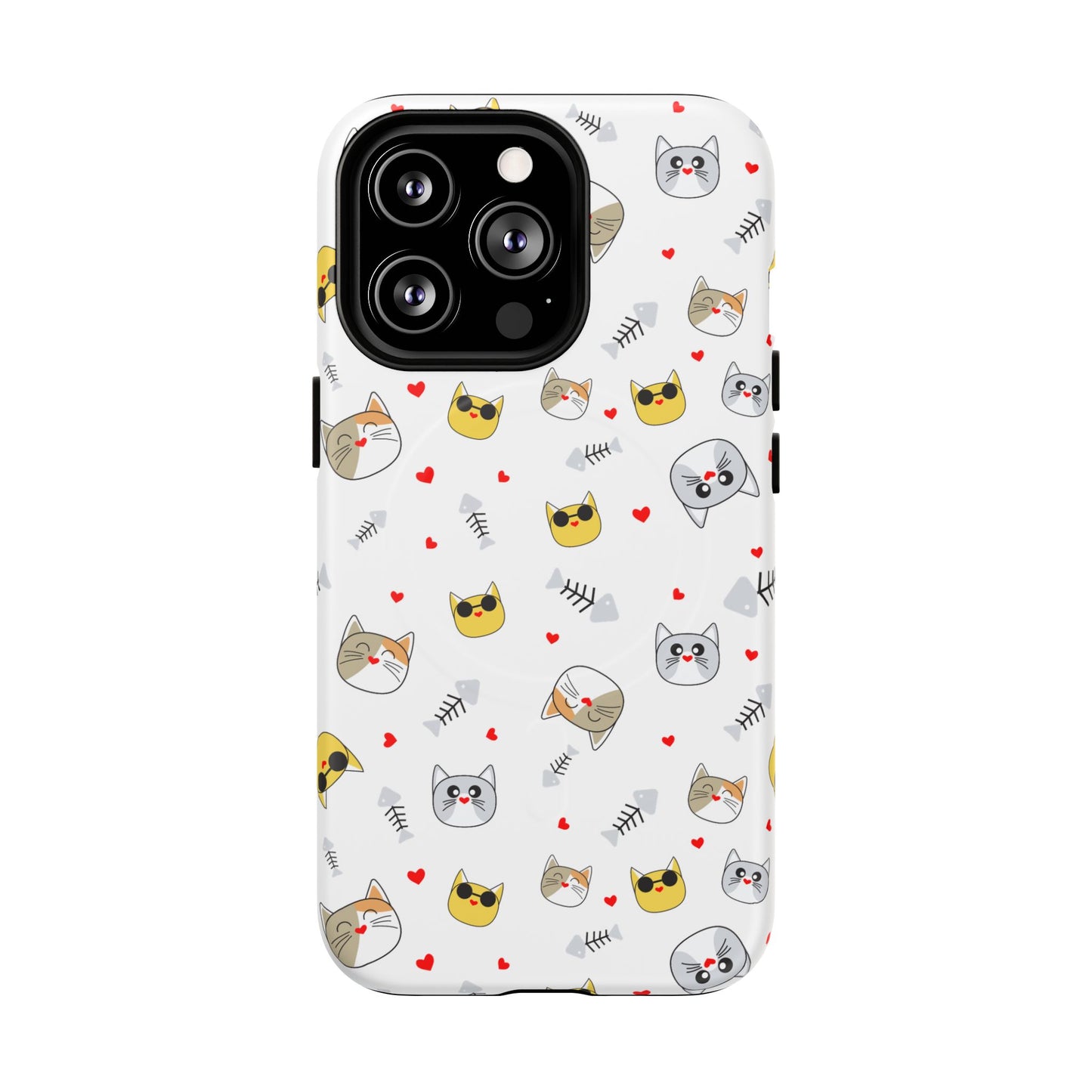 Cute Cat Pattern Tough Magnetic Phone Case — Protective iPhone Cover with Kittens & Hearts