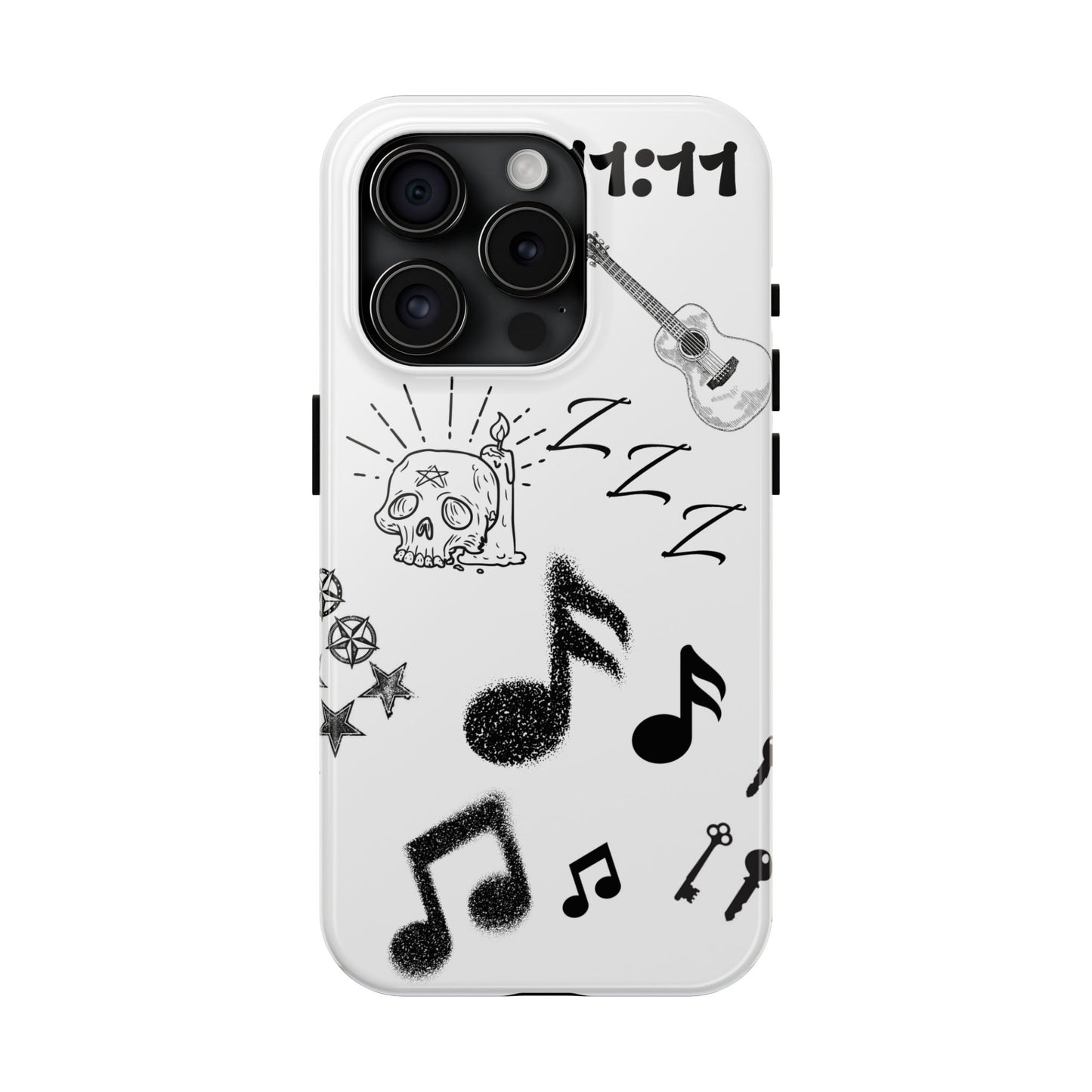 Tough Phone Case — Monochrome Music & Tattoo Doodle Design, 11:11. (No Magsafe)