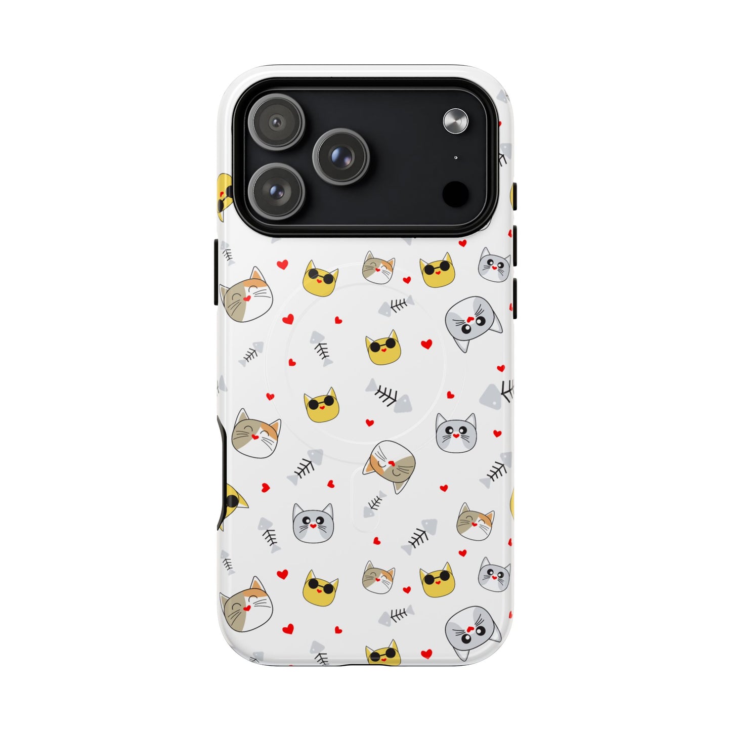 Cute Cat Pattern Tough Magnetic Phone Case — Protective iPhone Cover with Kittens & Hearts