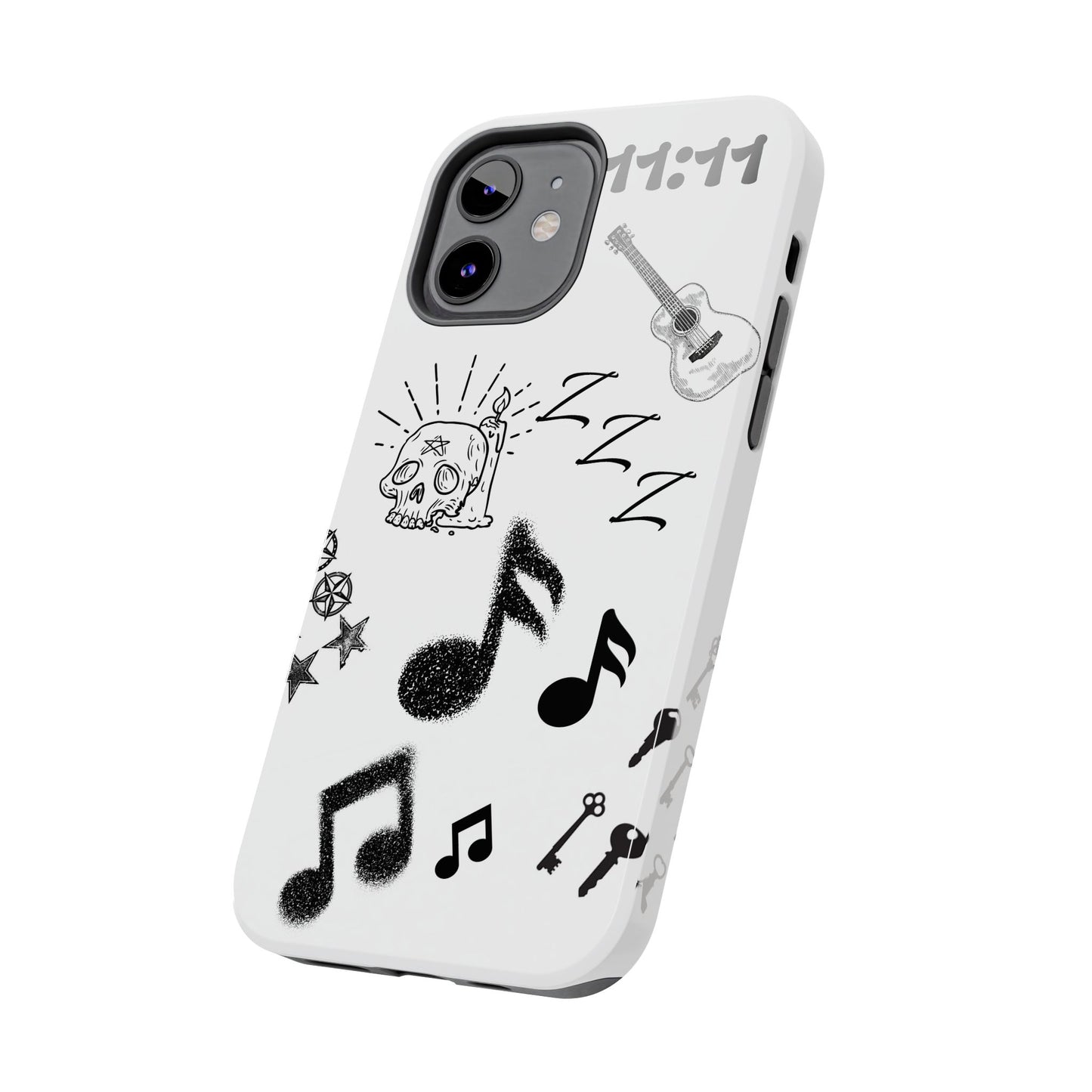 Tough Phone Case — Monochrome Music & Tattoo Doodle Design, 11:11. (No Magsafe)