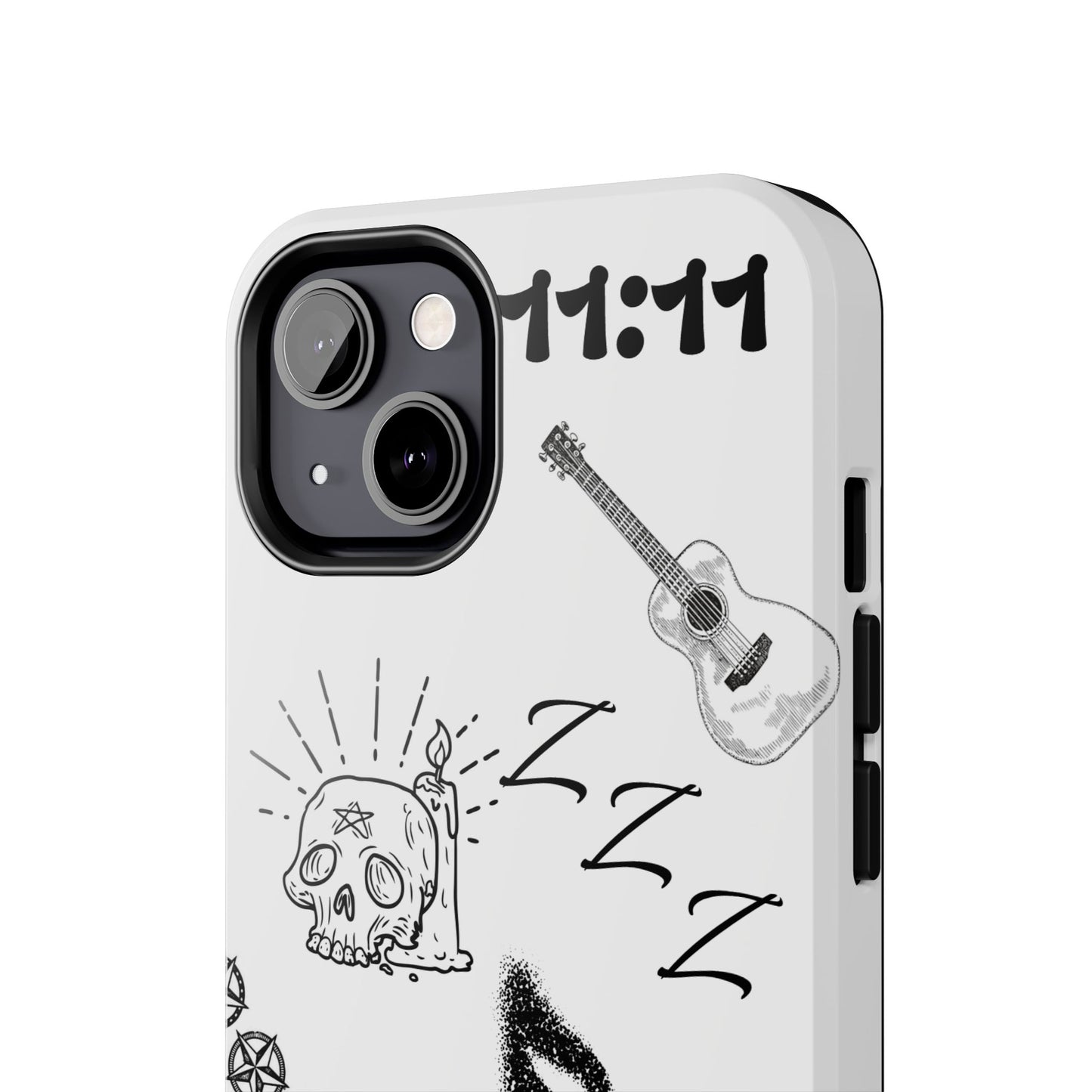 Tough Phone Case — Monochrome Music & Tattoo Doodle Design, 11:11. (No Magsafe)
