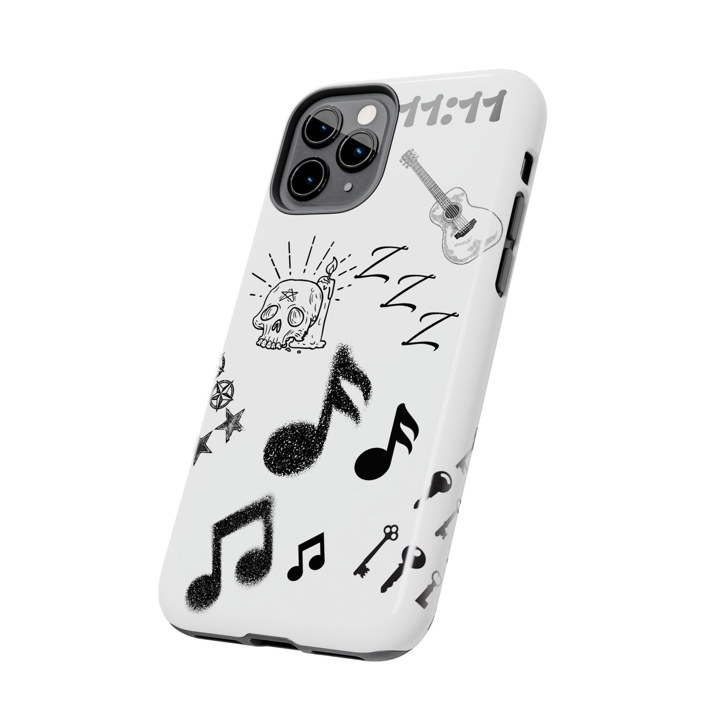Tough Phone Case — Monochrome Music & Tattoo Doodle Design, 11:11. (No Magsafe)