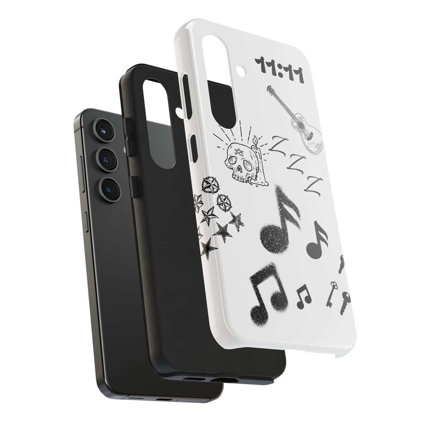 Tough Phone Case — Monochrome Music & Tattoo Doodle Design, 11:11. (No Magsafe)