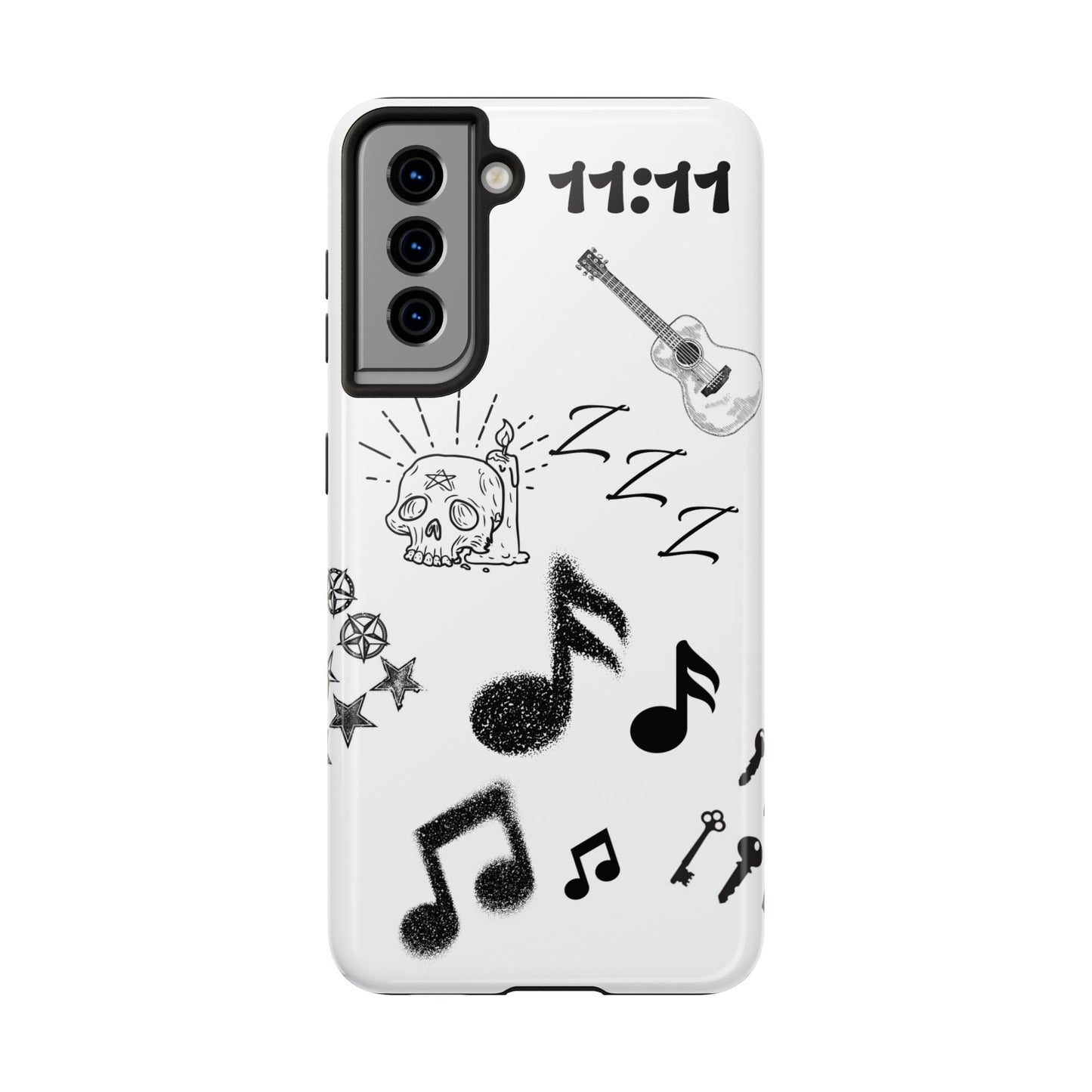 Tough Phone Case — Monochrome Music & Tattoo Doodle Design, 11:11. (No Magsafe)