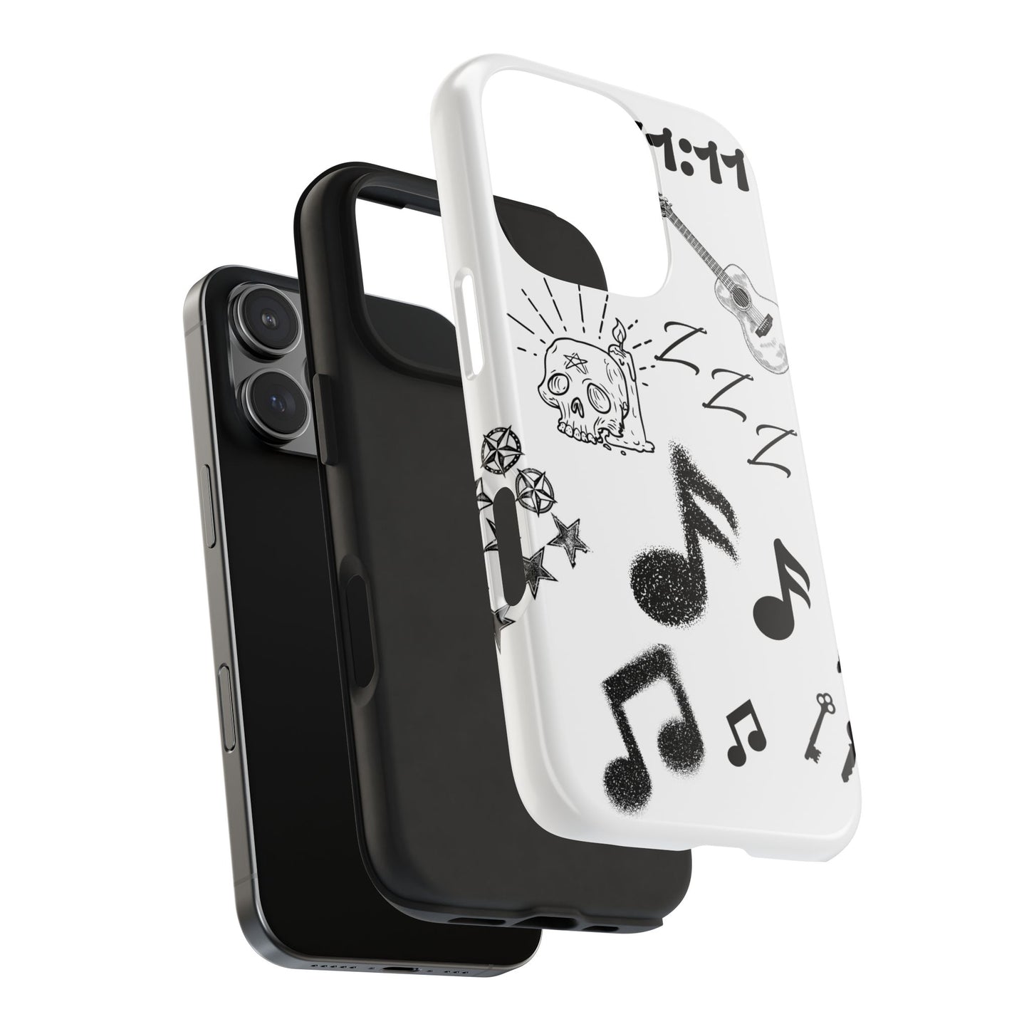 Tough Phone Case — Monochrome Music & Tattoo Doodle Design, 11:11. (No Magsafe)