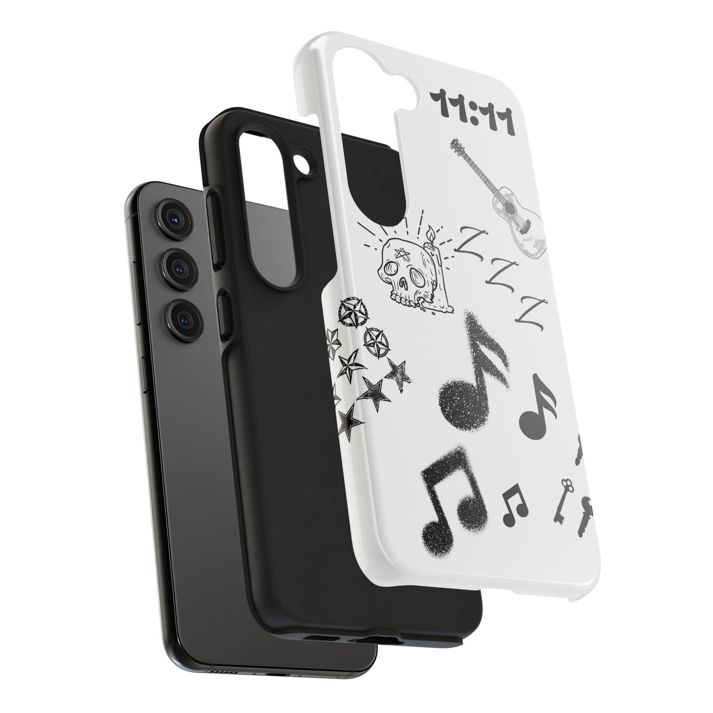 Tough Phone Case — Monochrome Music & Tattoo Doodle Design, 11:11. (No Magsafe)