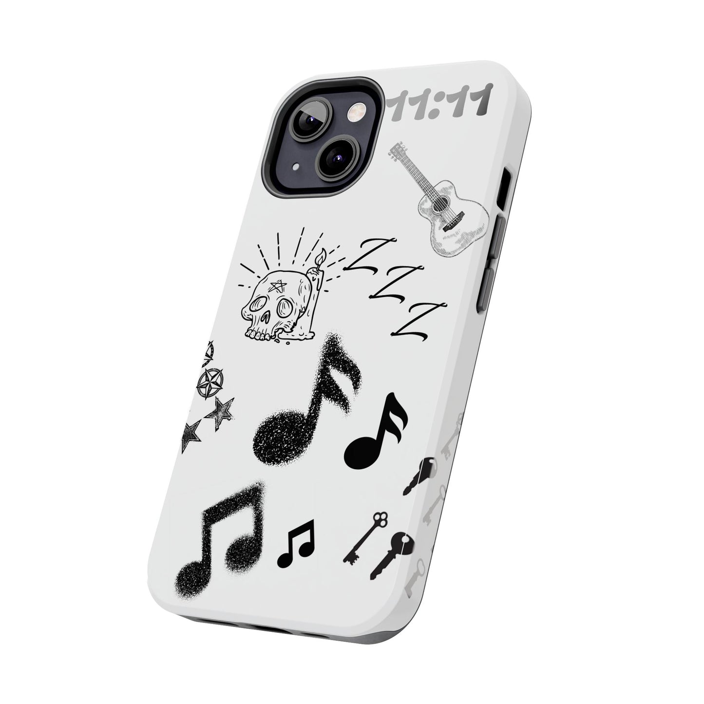 Tough Phone Case — Monochrome Music & Tattoo Doodle Design, 11:11. (No Magsafe)