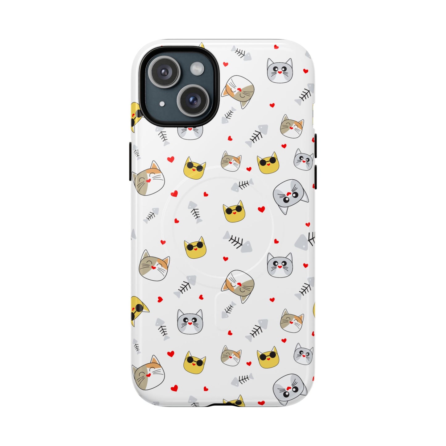 Cute Cat Pattern Tough Magnetic Phone Case — Protective iPhone Cover with Kittens & Hearts