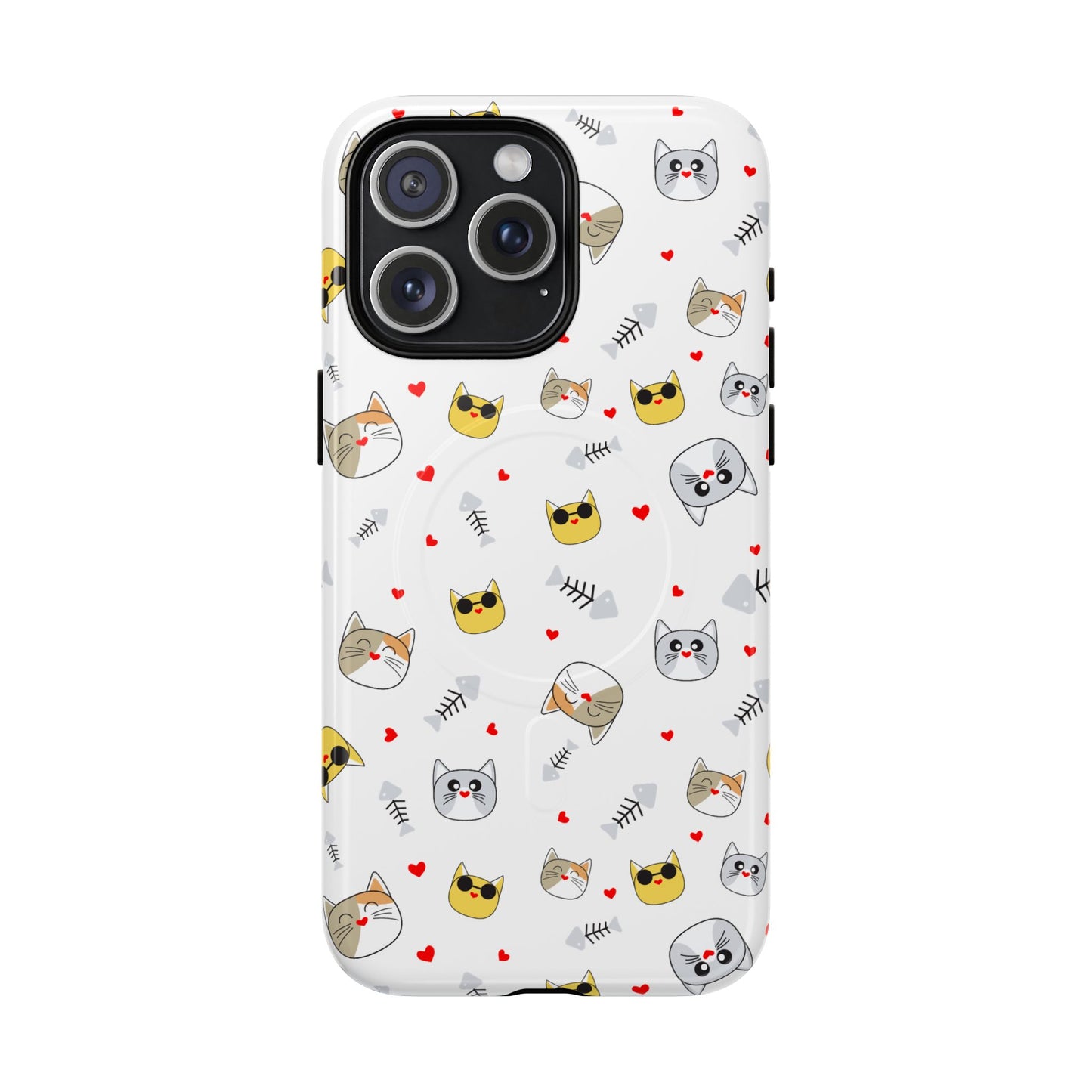 Cute Cat Pattern Tough Magnetic Phone Case — Protective iPhone Cover with Kittens & Hearts