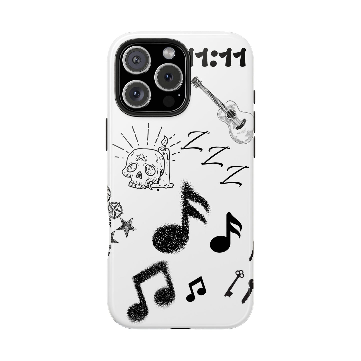 Tough Phone Case — Monochrome Music & Tattoo Doodle Design, 11:11. (No Magsafe)