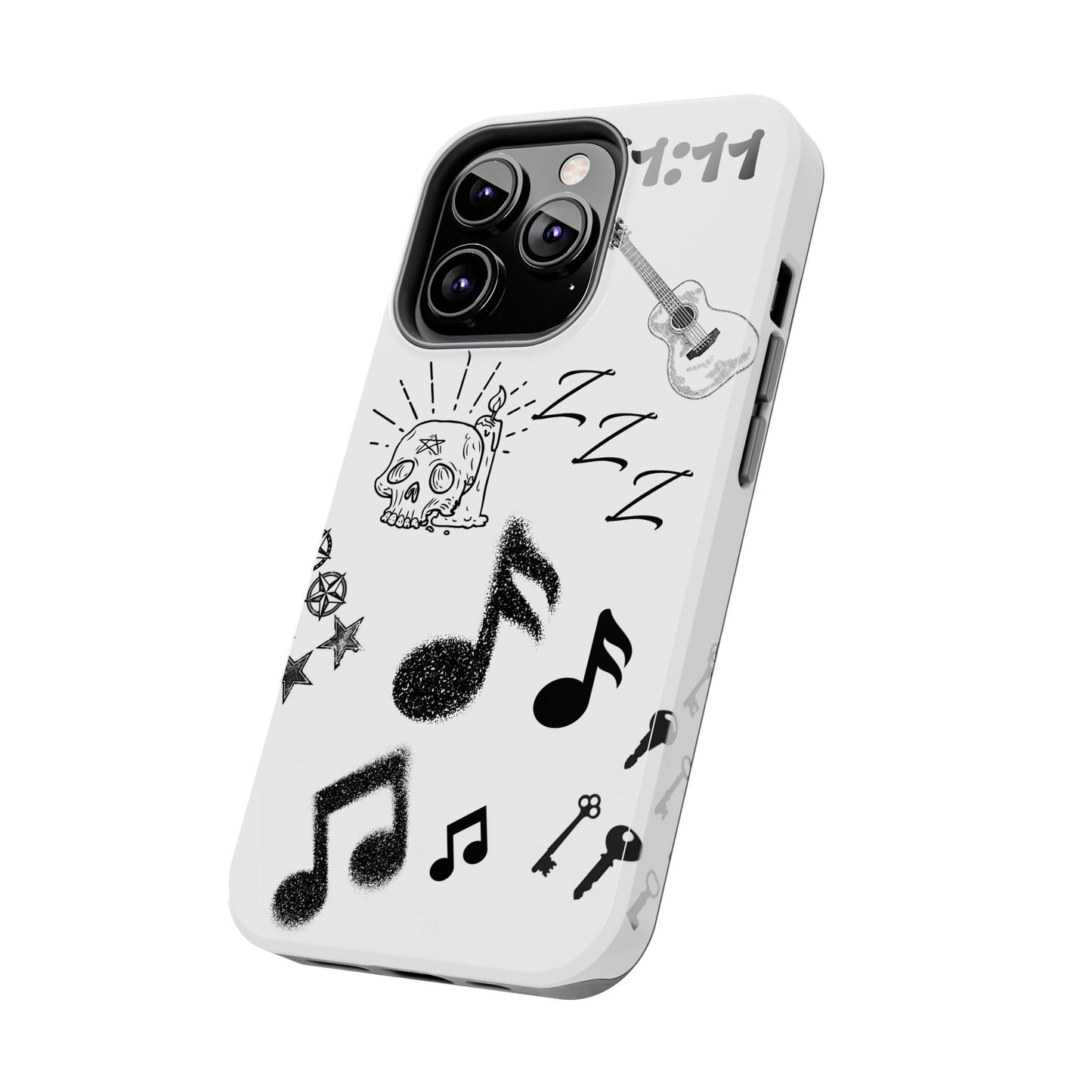 Tough Phone Case — Monochrome Music & Tattoo Doodle Design, 11:11. (No Magsafe)