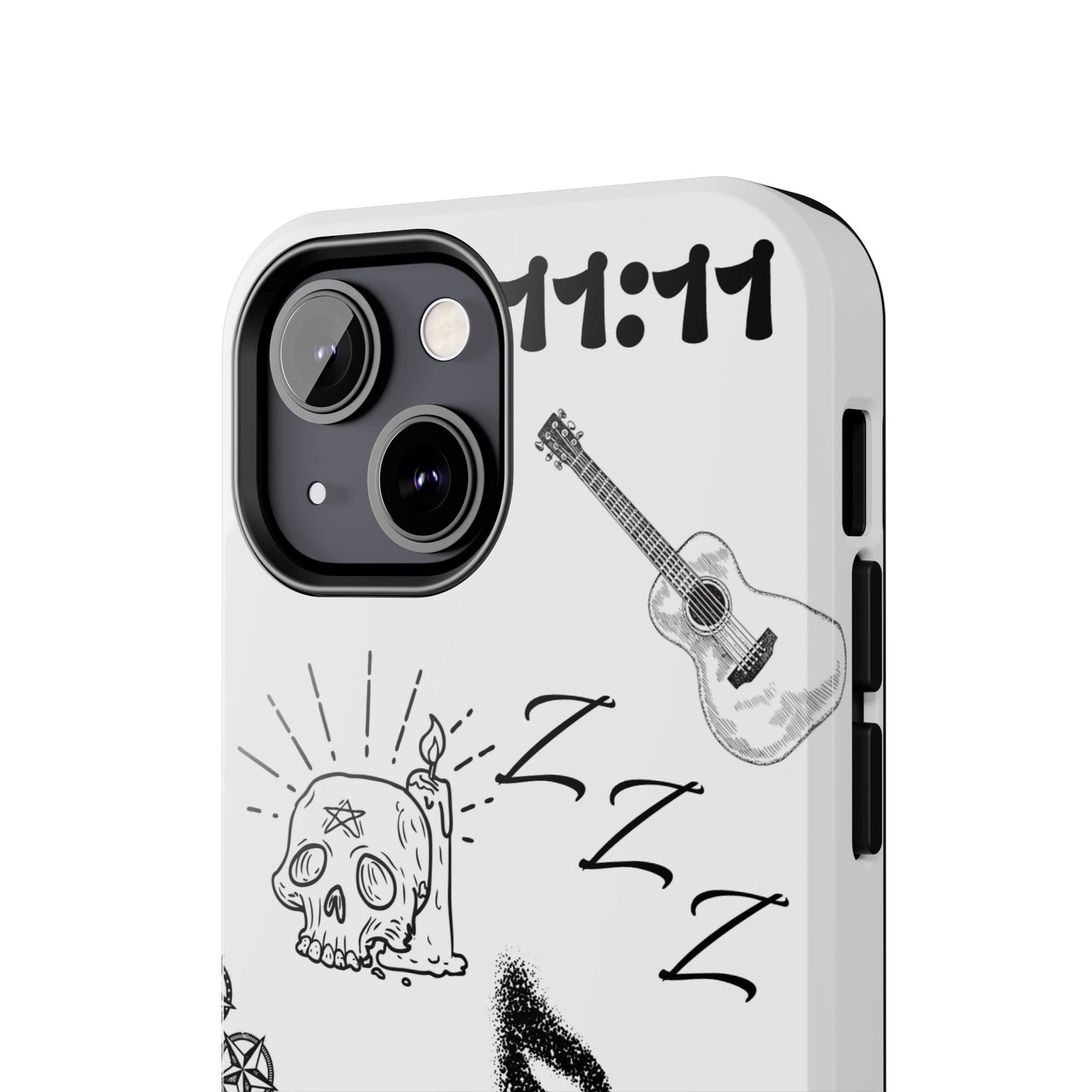 Tough Phone Case — Monochrome Music & Tattoo Doodle Design, 11:11. (No Magsafe)