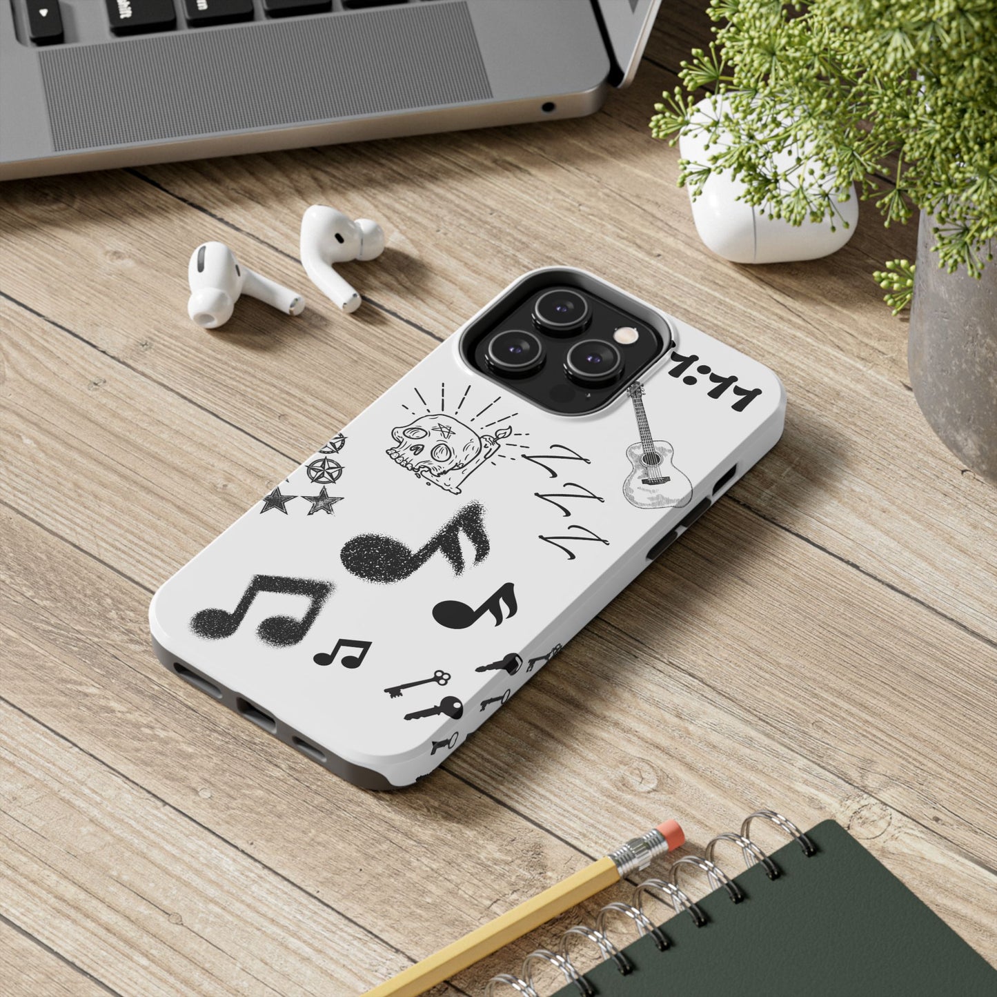Tough Phone Case — Monochrome Music & Tattoo Doodle Design, 11:11. (No Magsafe)