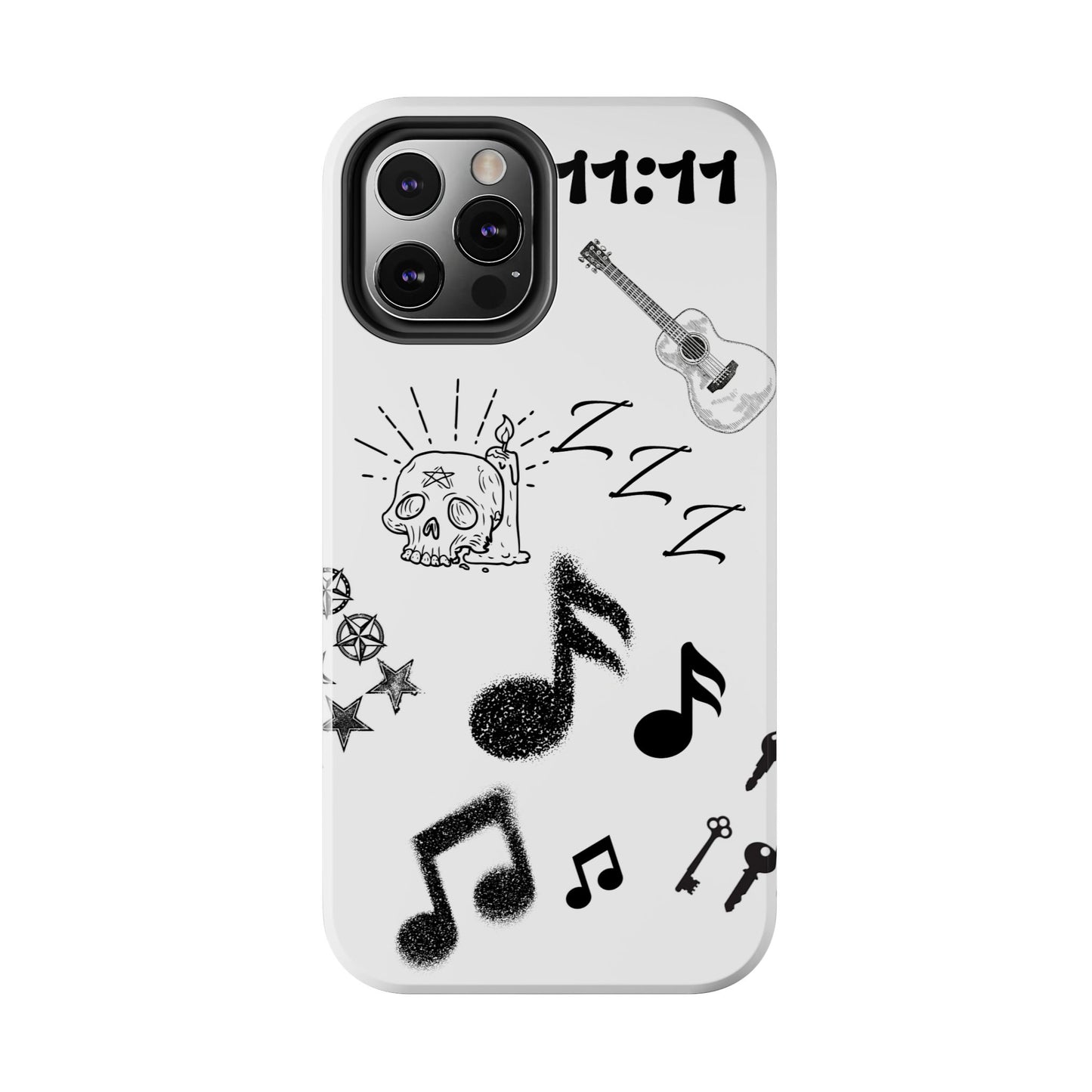 Tough Phone Case — Monochrome Music & Tattoo Doodle Design, 11:11. (No Magsafe)