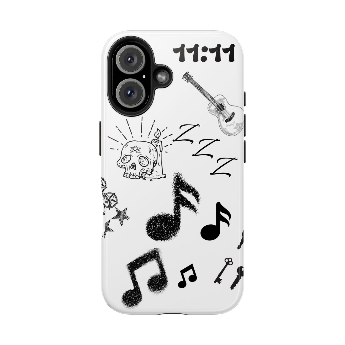 Tough Phone Case — Monochrome Music & Tattoo Doodle Design, 11:11. (No Magsafe)