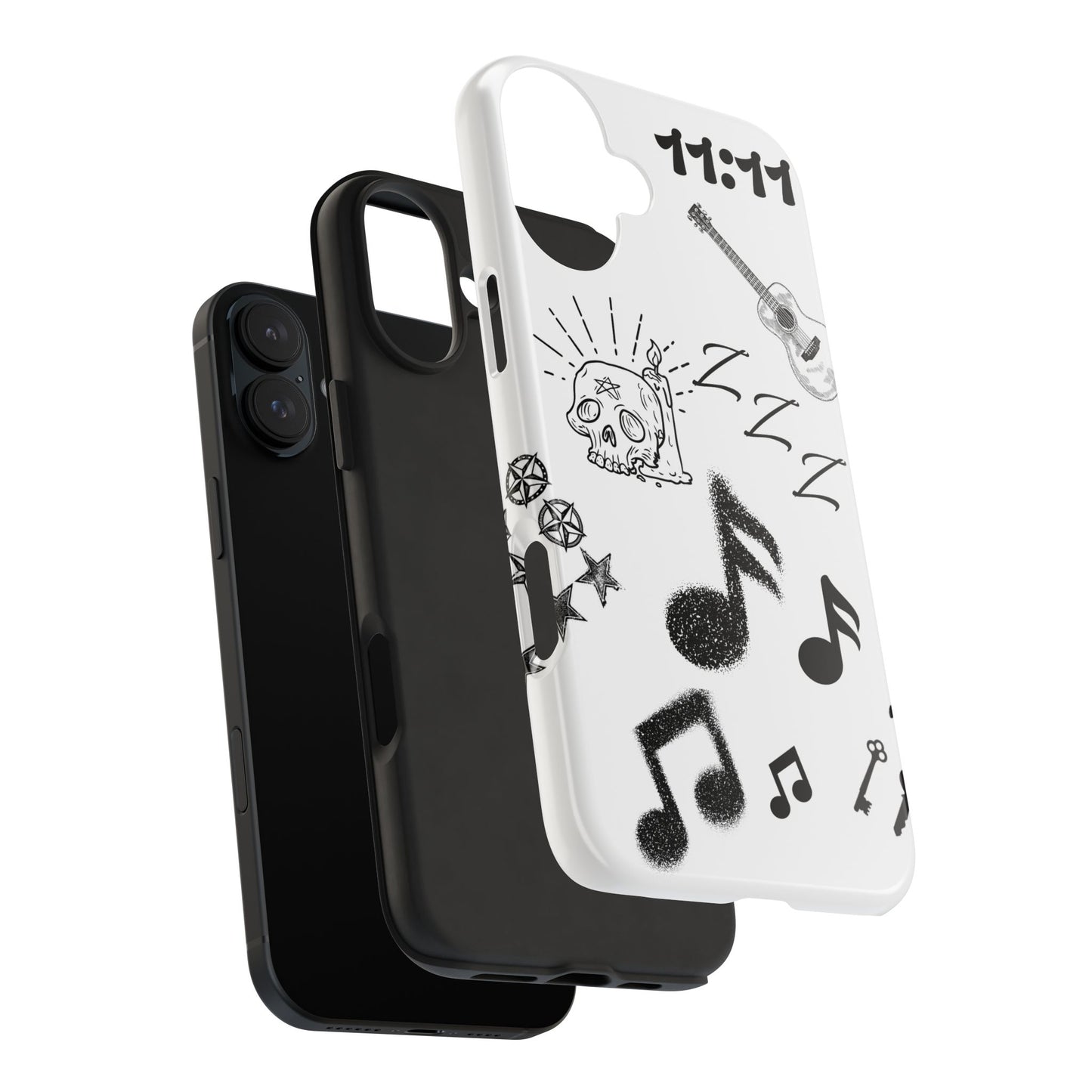 Tough Phone Case — Monochrome Music & Tattoo Doodle Design, 11:11. (No Magsafe)