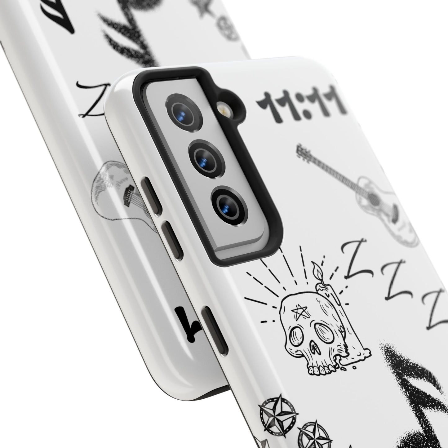 Tough Phone Case — Monochrome Music & Tattoo Doodle Design, 11:11. (No Magsafe)