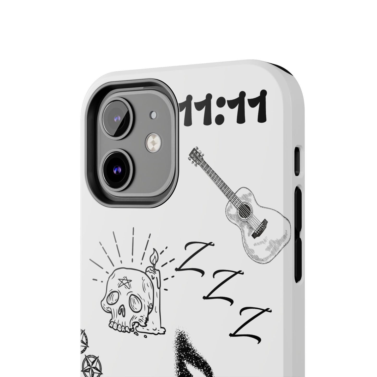 Tough Phone Case — Monochrome Music & Tattoo Doodle Design, 11:11. (No Magsafe)