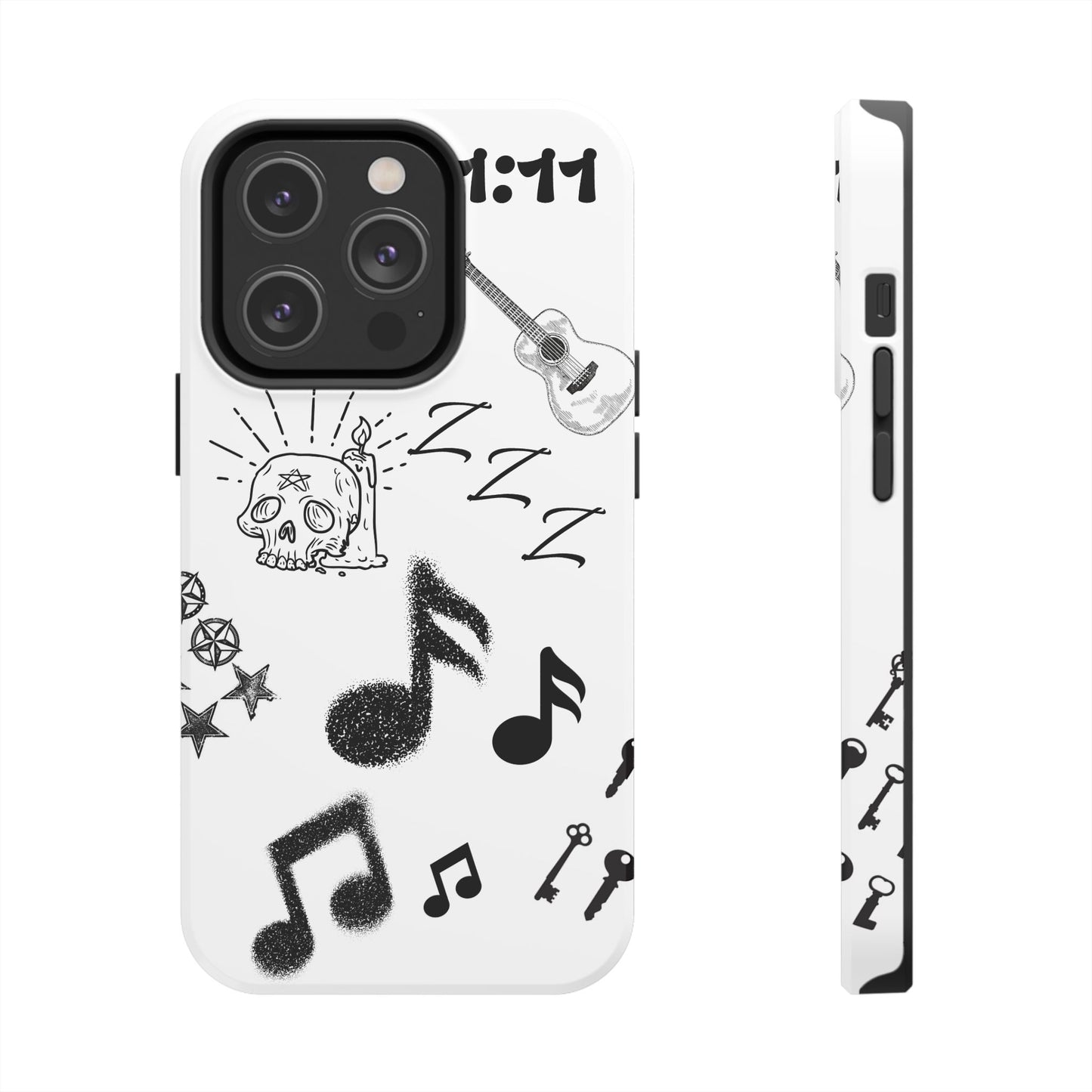 Tough Phone Case — Monochrome Music & Tattoo Doodle Design, 11:11. (No Magsafe)