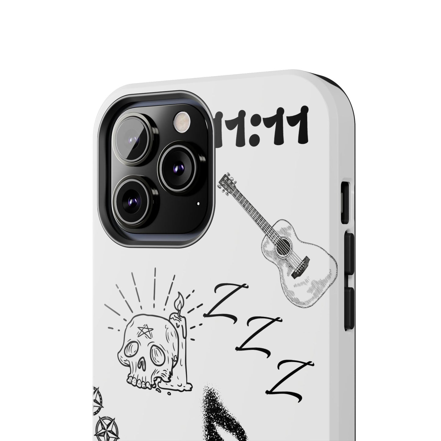 Tough Phone Case — Monochrome Music & Tattoo Doodle Design, 11:11. (No Magsafe)