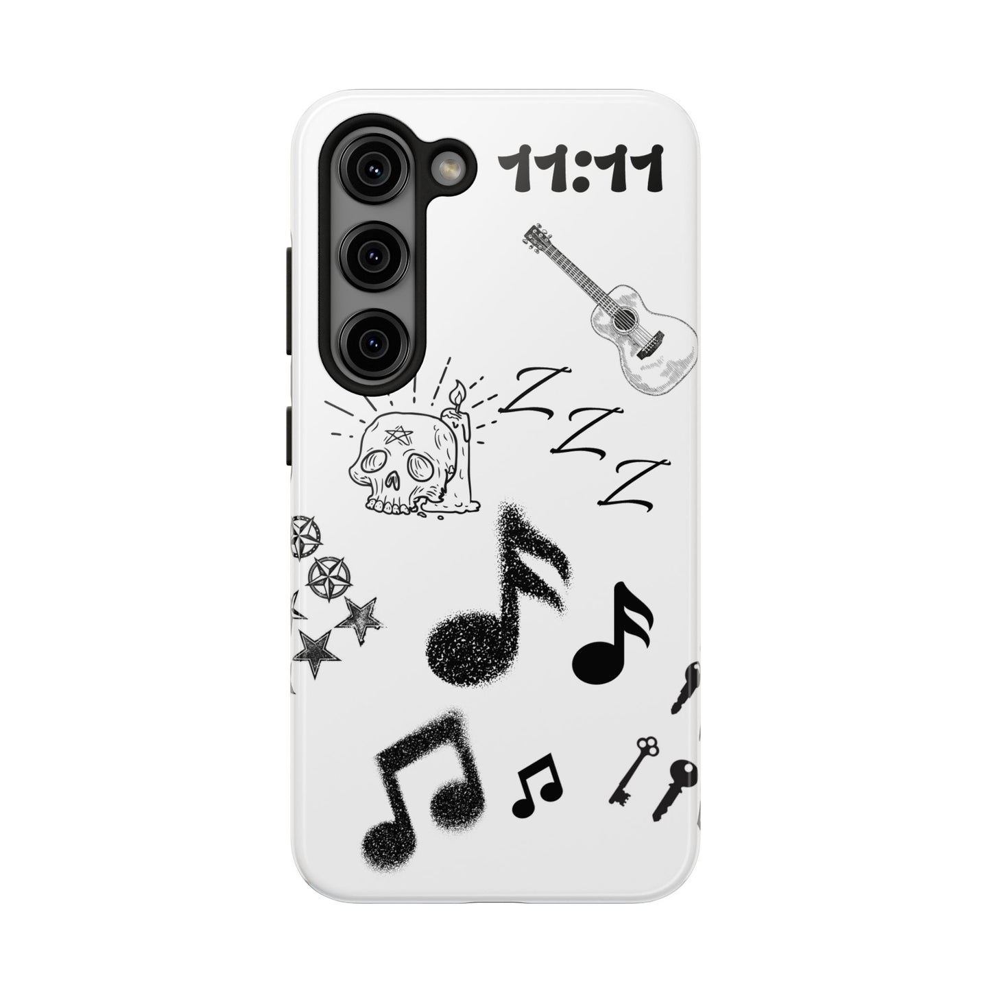 Tough Phone Case — Monochrome Music & Tattoo Doodle Design, 11:11. (No Magsafe)