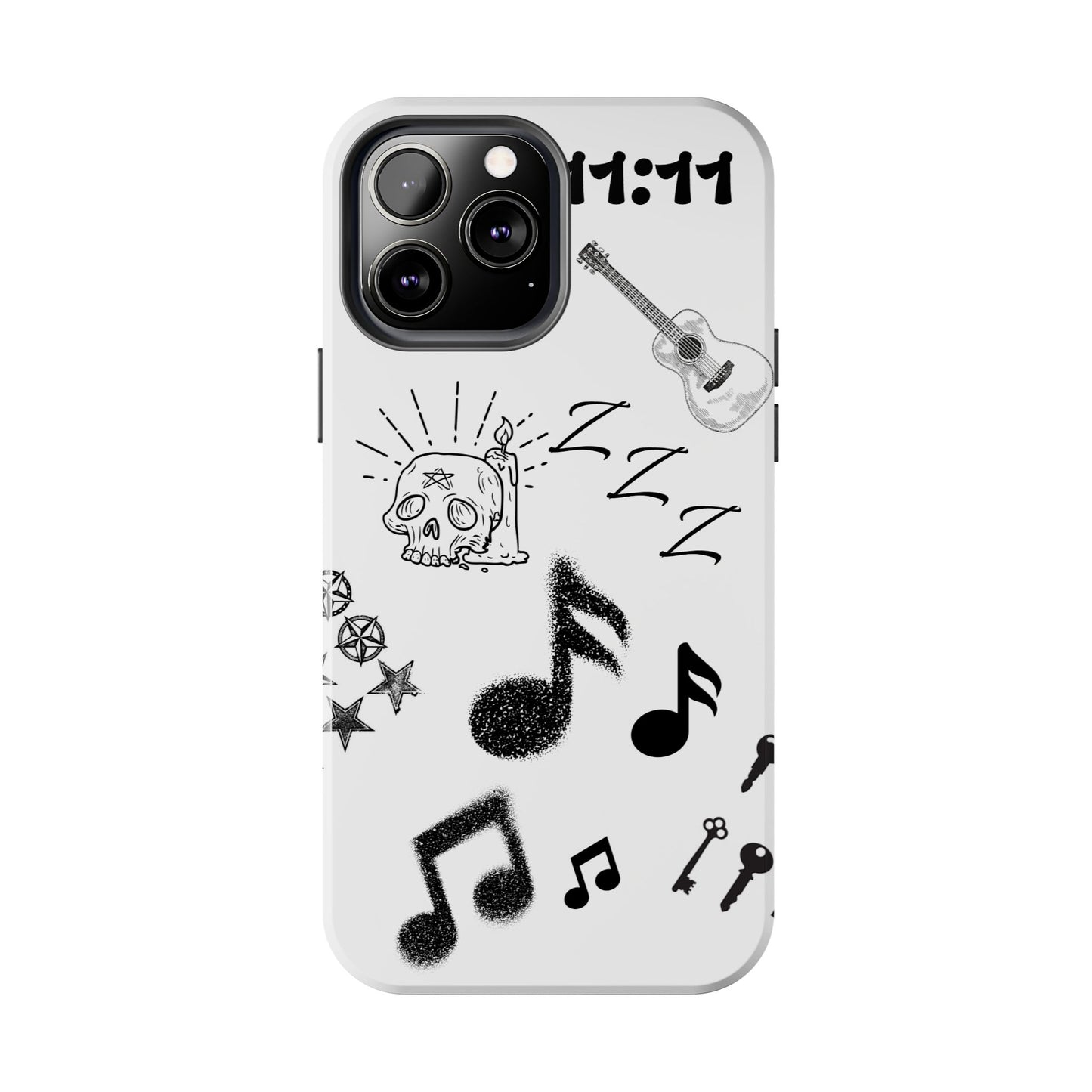 Tough Phone Case — Monochrome Music & Tattoo Doodle Design, 11:11. (No Magsafe)
