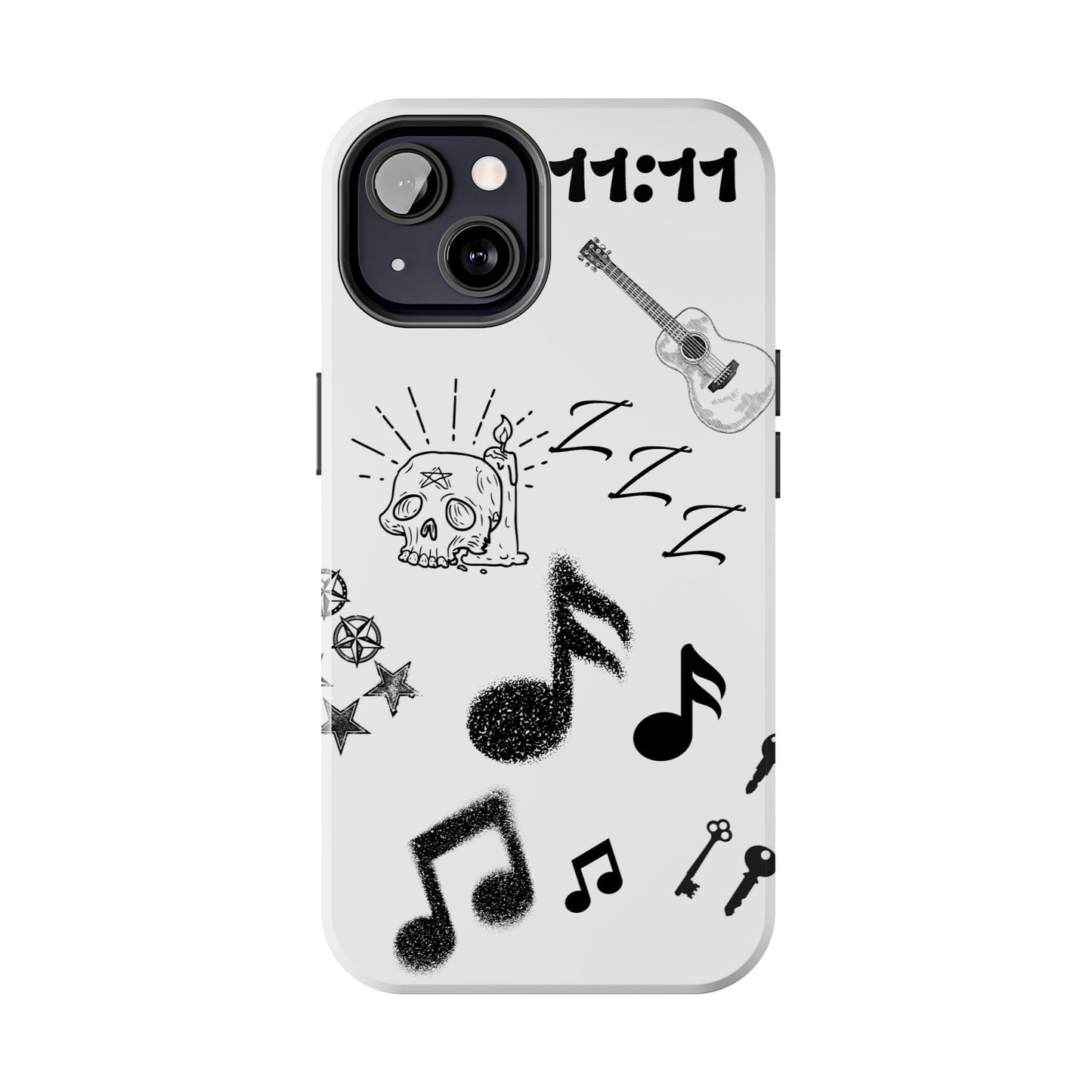 Tough Phone Case — Monochrome Music & Tattoo Doodle Design, 11:11. (No Magsafe)