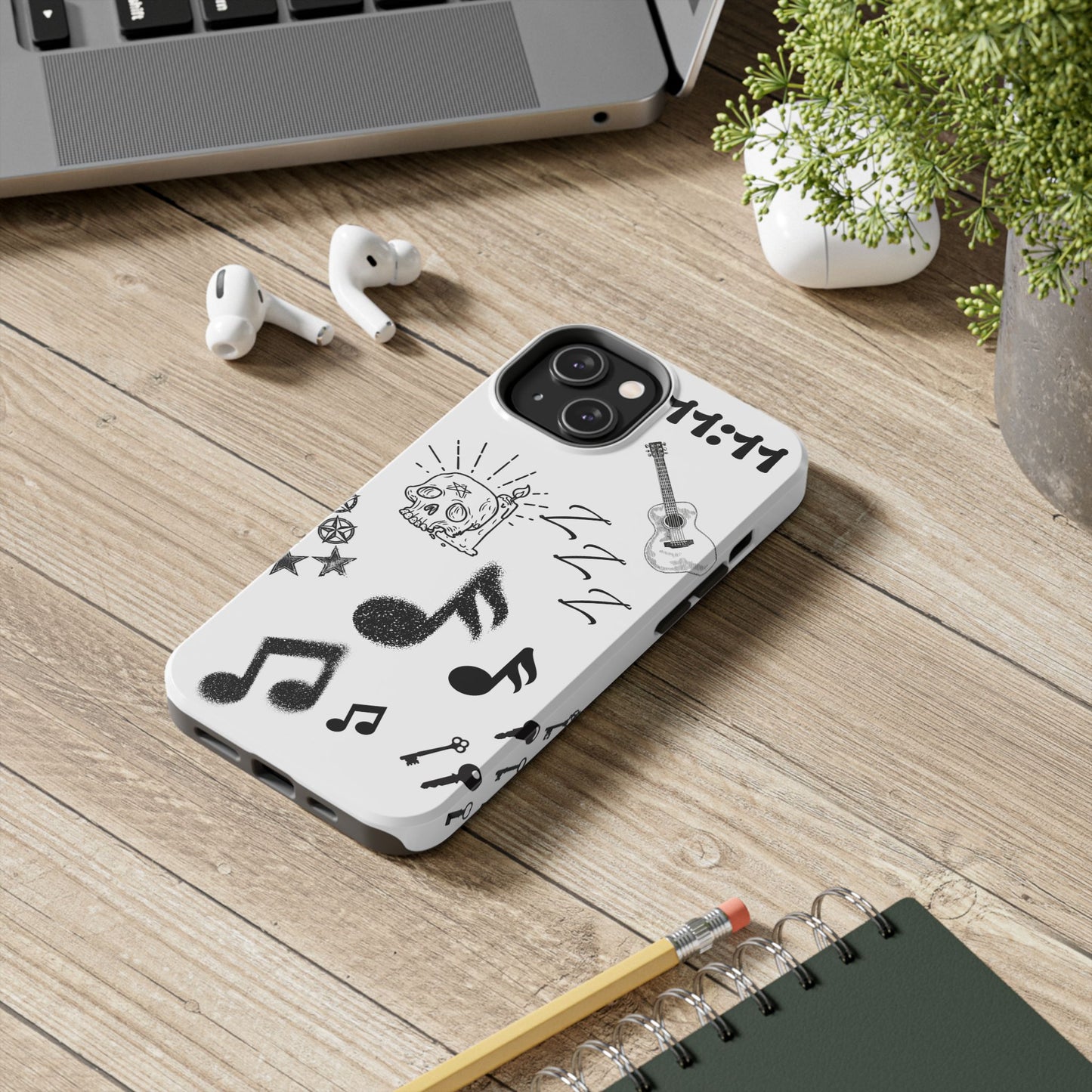 Tough Phone Case — Monochrome Music & Tattoo Doodle Design, 11:11. (No Magsafe)