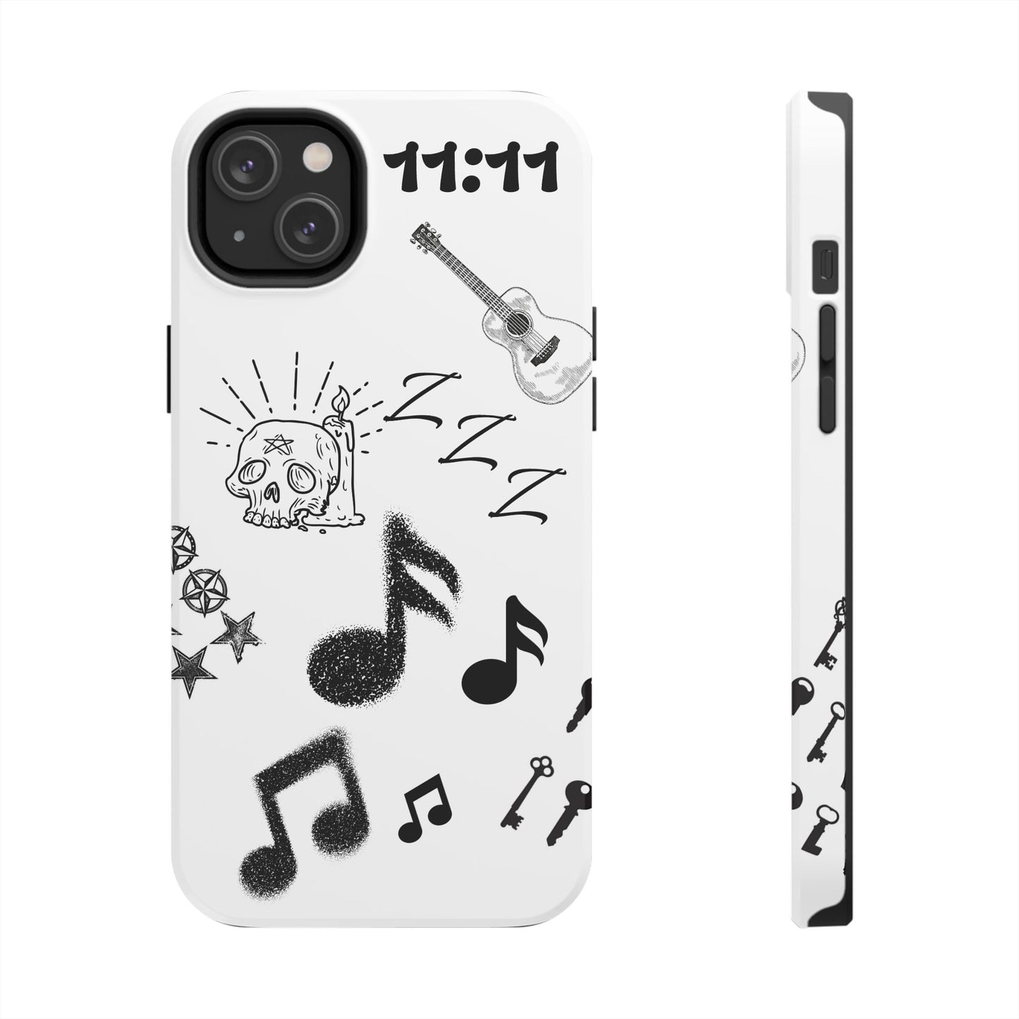 Tough Phone Case — Monochrome Music & Tattoo Doodle Design, 11:11. (No Magsafe)