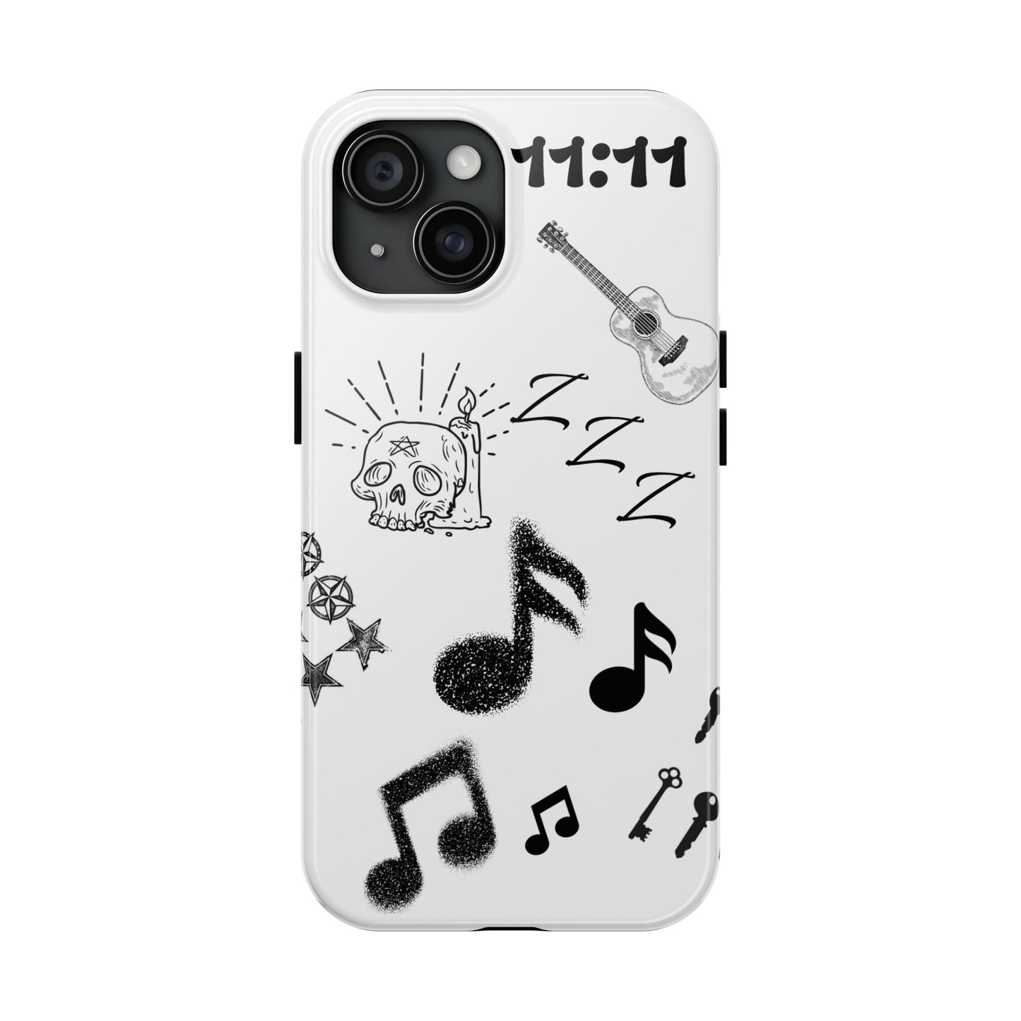 Tough Phone Case — Monochrome Music & Tattoo Doodle Design, 11:11. (No Magsafe)