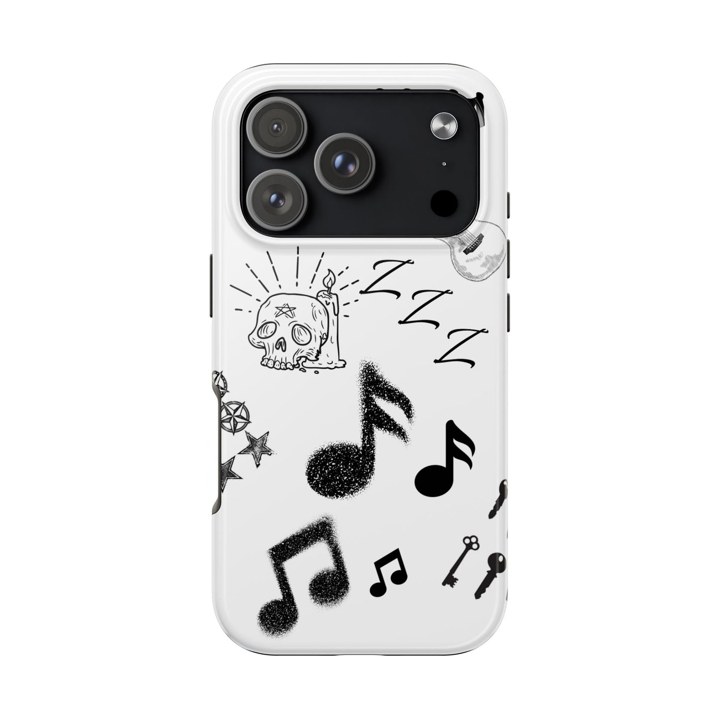 Tough Phone Case — Monochrome Music & Tattoo Doodle Design, 11:11. (No Magsafe)