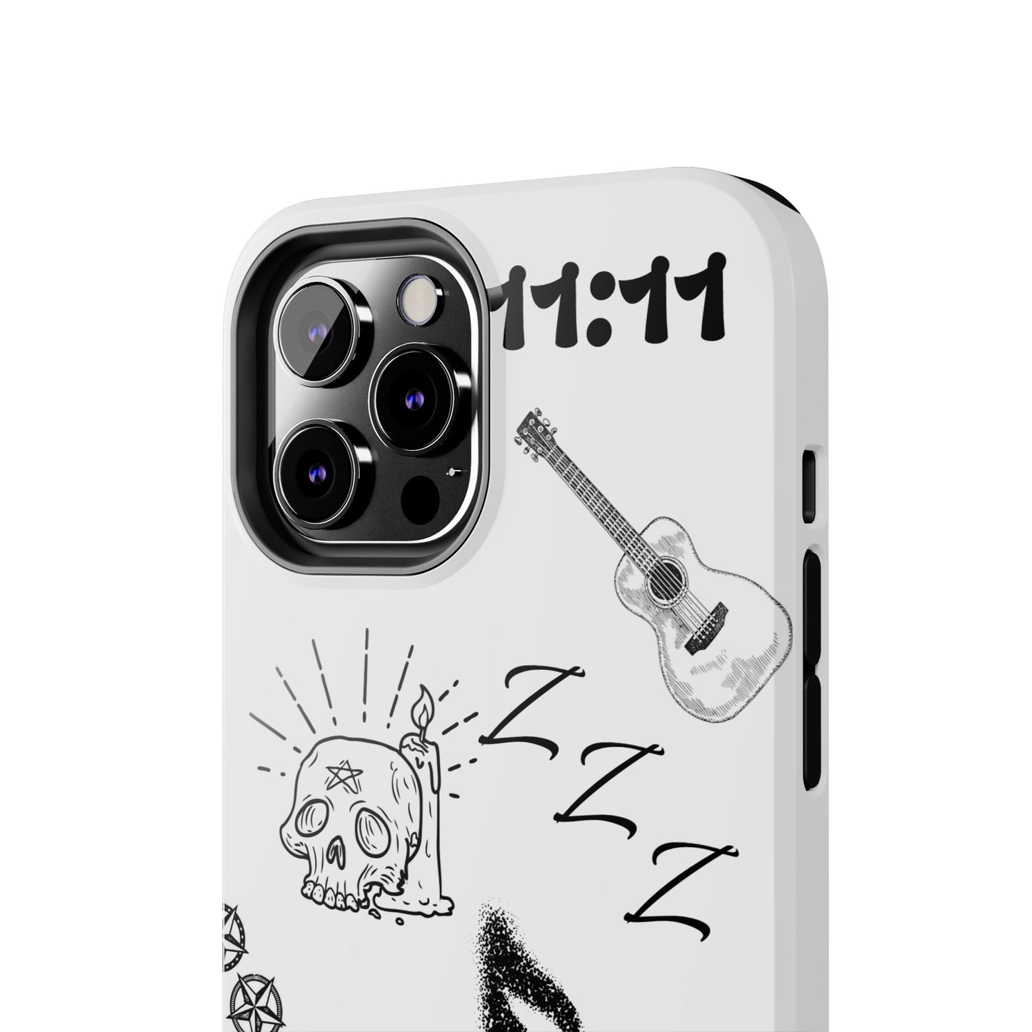 Tough Phone Case — Monochrome Music & Tattoo Doodle Design, 11:11. (No Magsafe)
