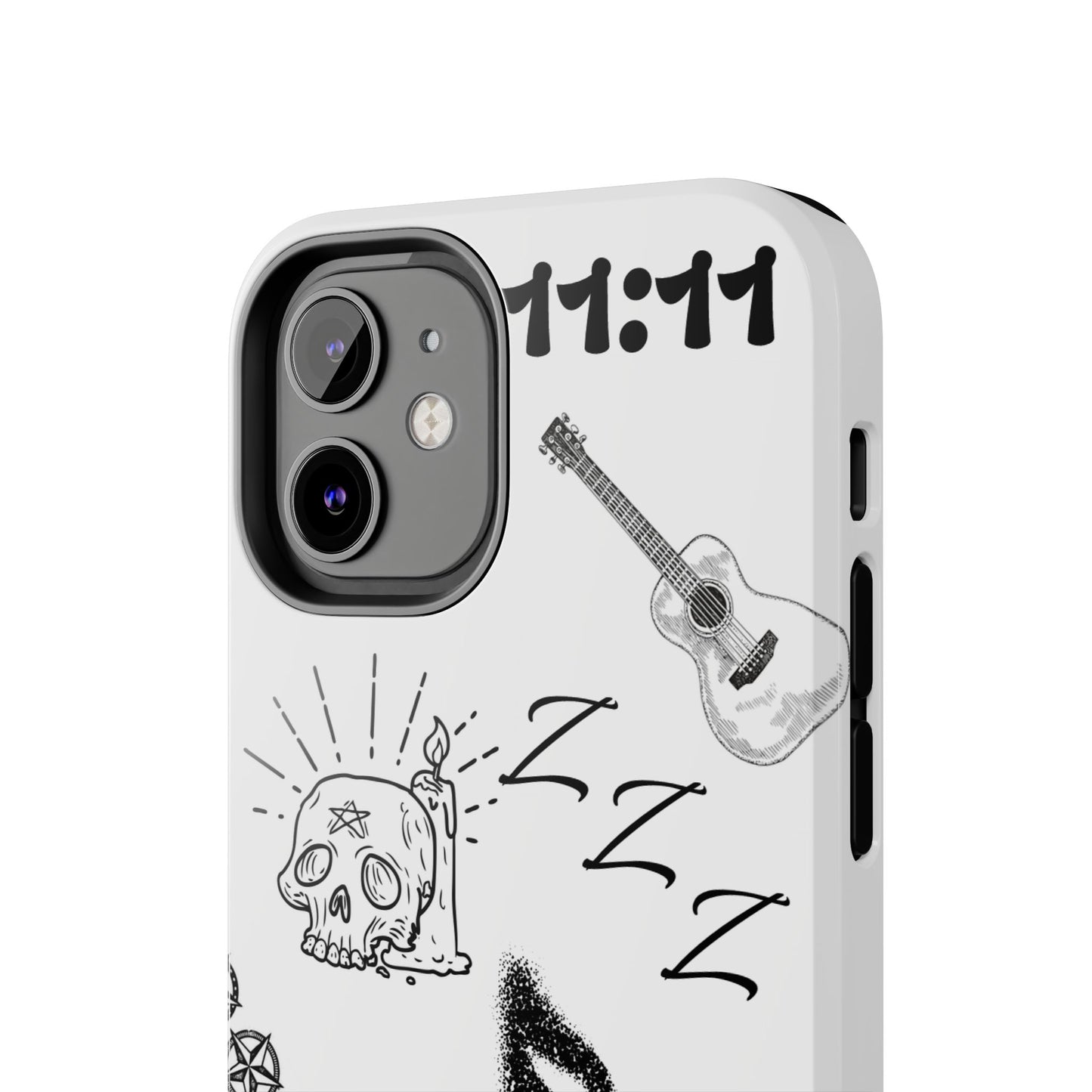 Tough Phone Case — Monochrome Music & Tattoo Doodle Design, 11:11. (No Magsafe)