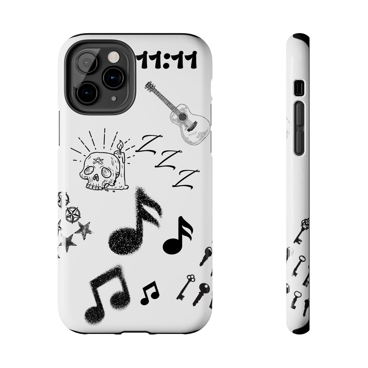Tough Phone Case — Monochrome Music & Tattoo Doodle Design, 11:11. (No Magsafe)