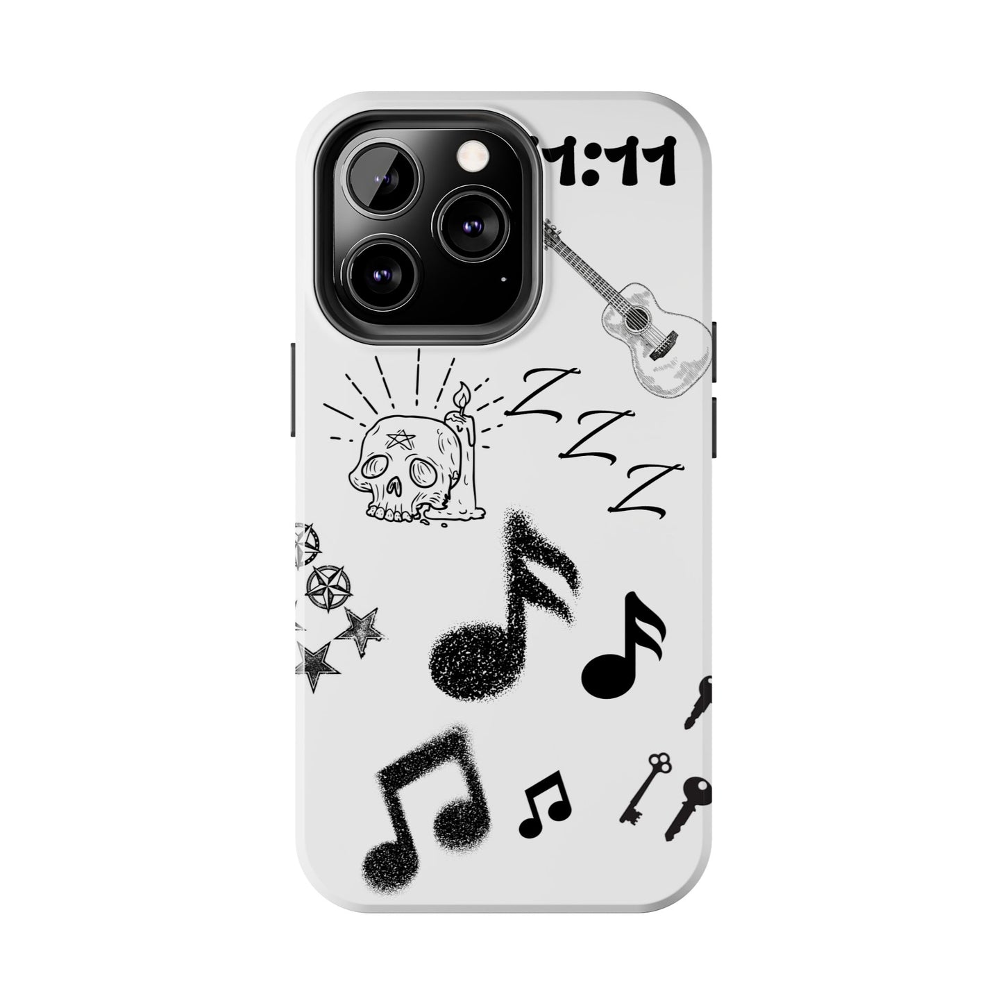 Tough Phone Case — Monochrome Music & Tattoo Doodle Design, 11:11. (No Magsafe)